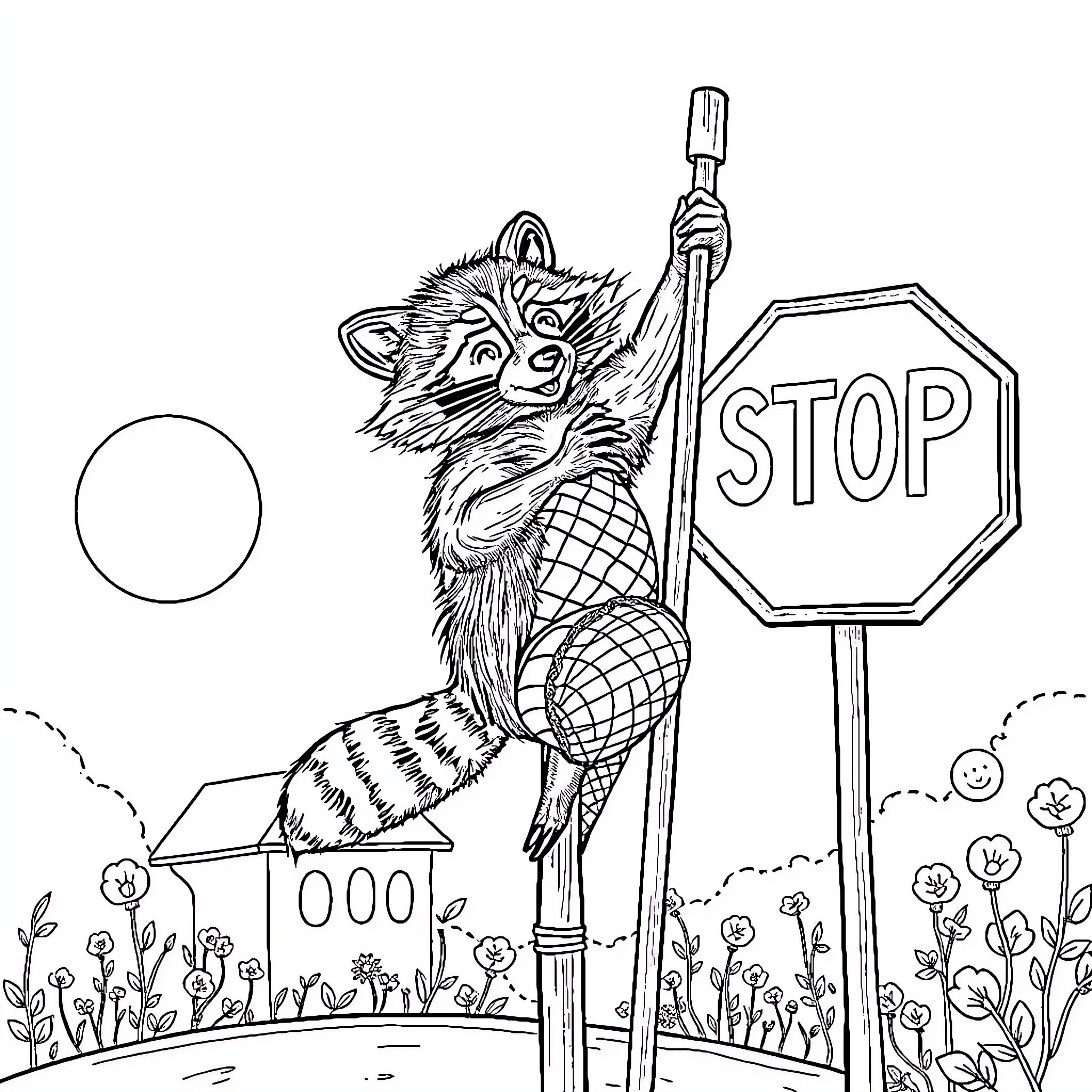 Raccoon stopping traffic at a road sign Coloring Page (free black-and-white line drawing printable PDF for all, from beginners to advanced learners, including children, teens, adults, and seniors)