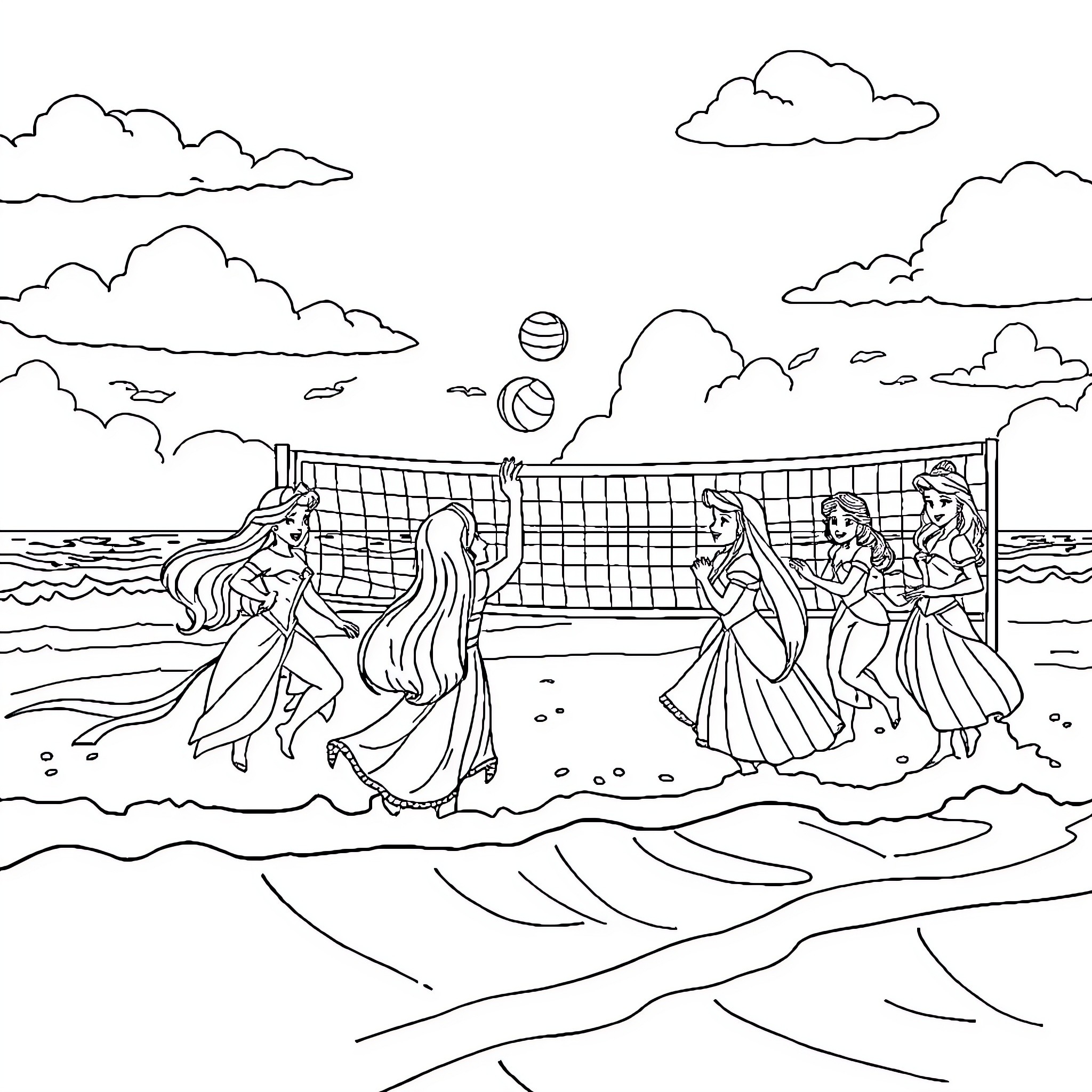 Disney Princess Volleyball Game on the Beach Coloring Page (free black-and-white line drawing printable PDF for all, from beginners to advanced learners, including children, teens, adults, and seniors)