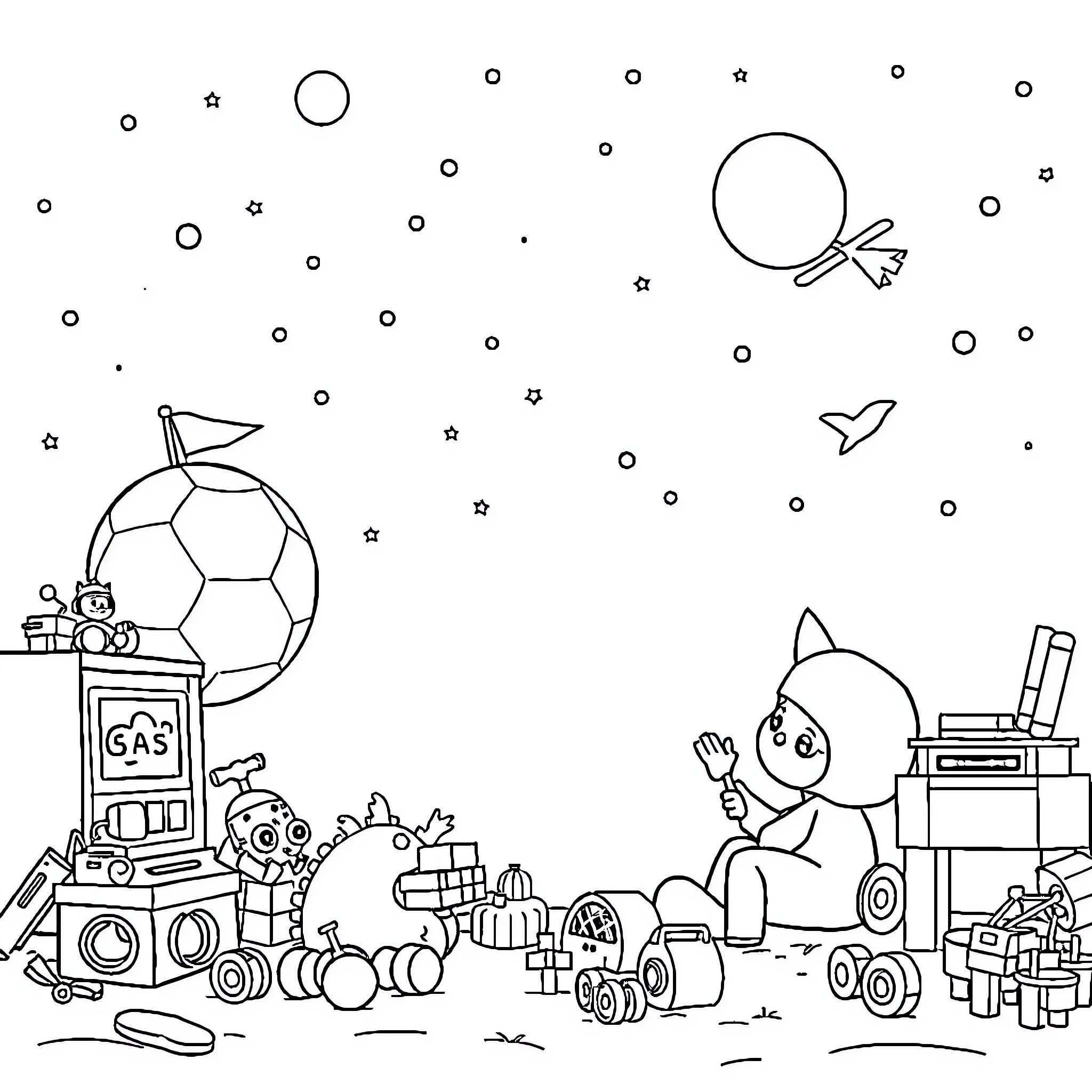 World of Toys and Space Exploration Coloring Page (free black-and-white line drawing printable PDF for all, from beginners to advanced learners, including children, teens, adults, and seniors)