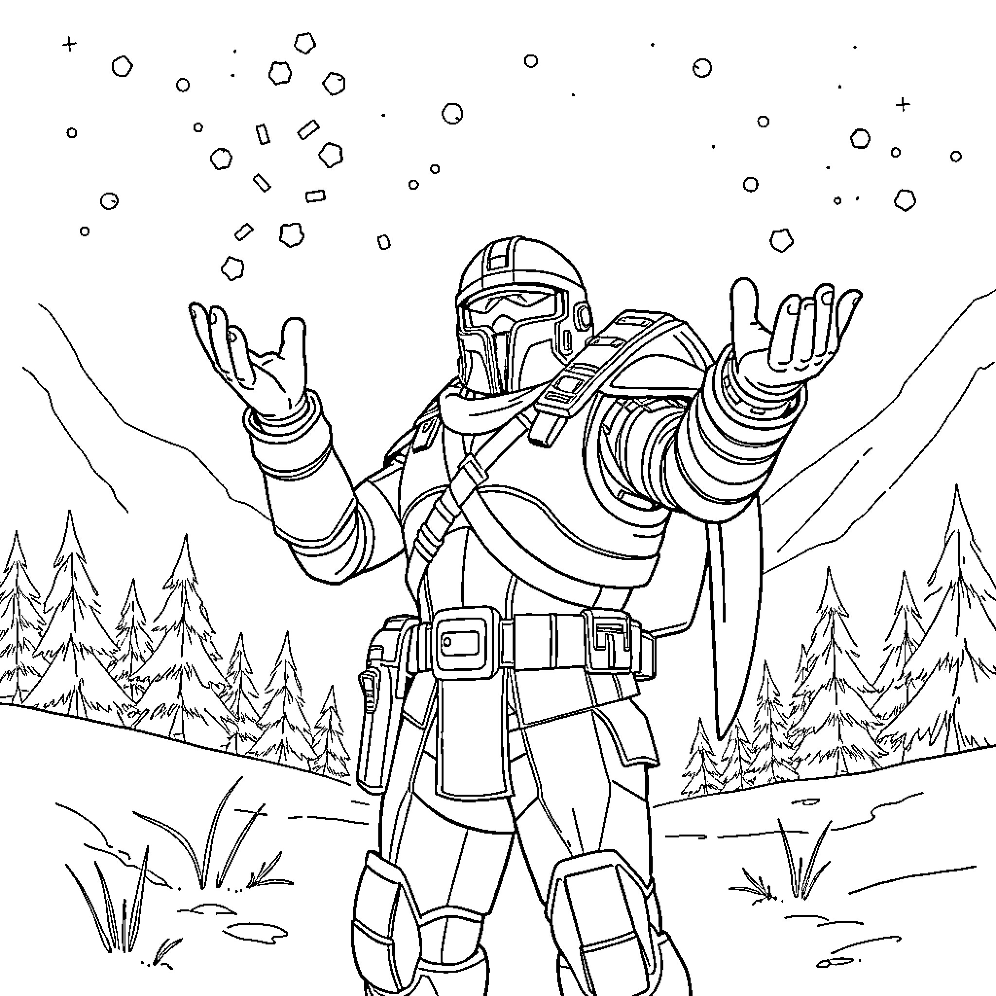 Master Chief's Interstellar Adventure Coloring Page (free black-and-white line drawing printable PDF for all, from beginners to advanced learners, including children, teens, adults, and seniors)