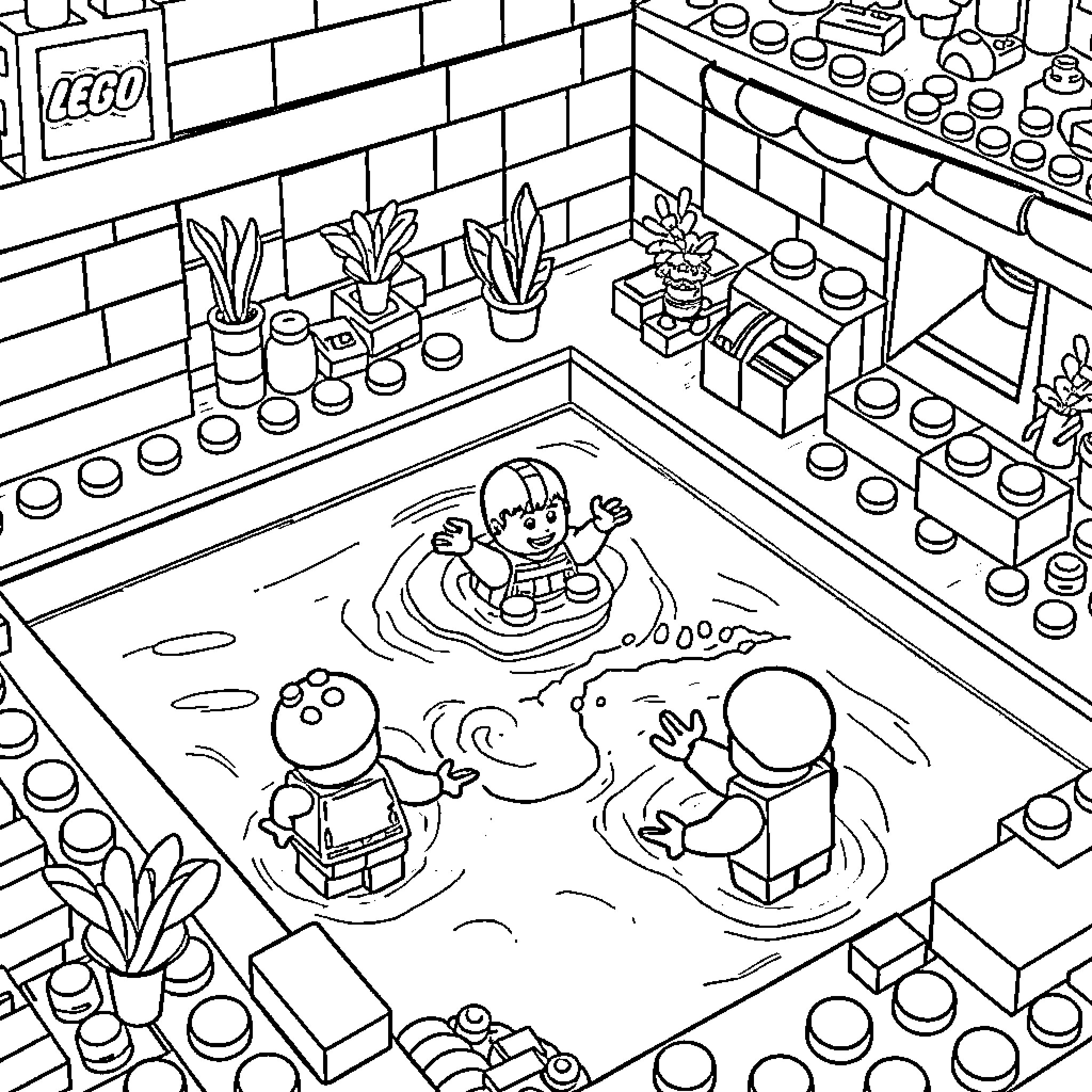 Lego figures playing in a Lego pool Coloring Page (free black-and-white line drawing printable PDF for all, from beginners to advanced learners, including children, teens, adults, and seniors)