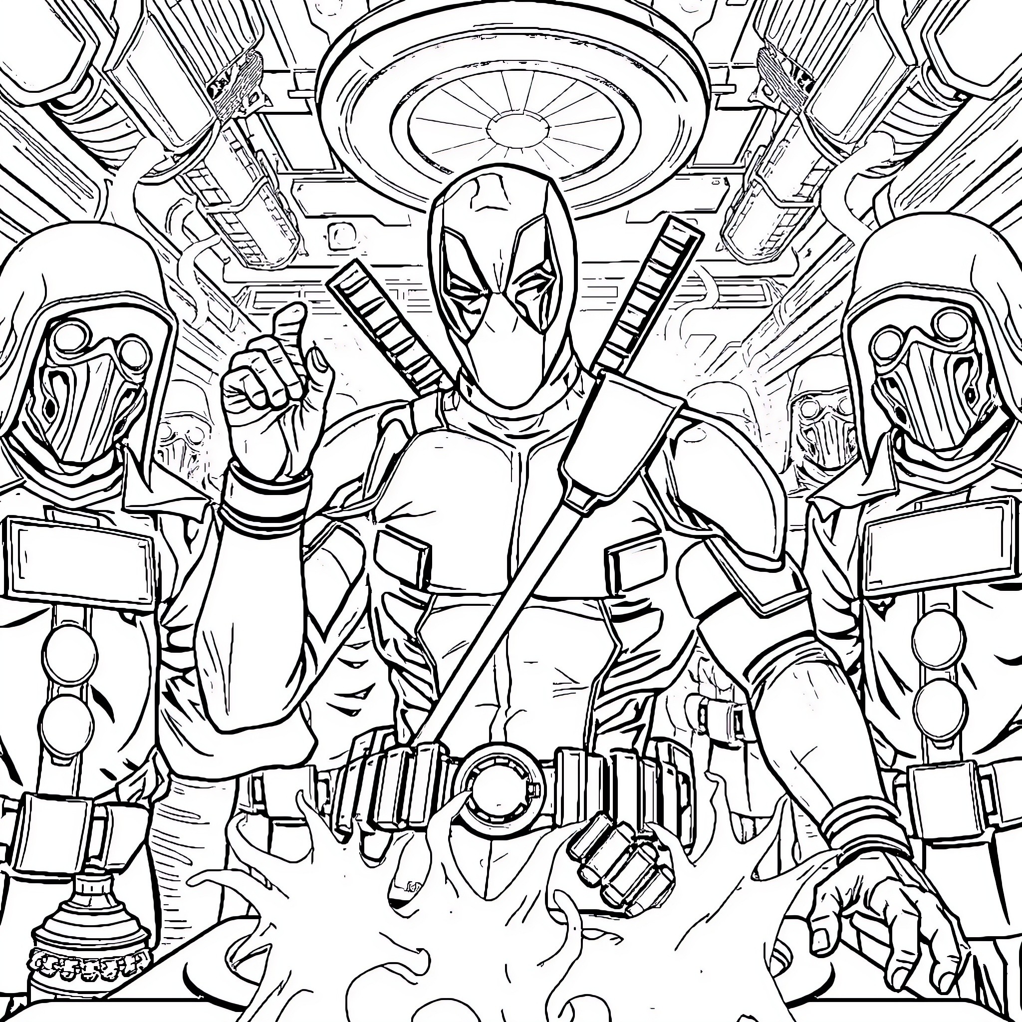 Deadpool's Chaotic Adventures in the Futuristic Armory Coloring Page (free black-and-white line drawing printable PDF for all, from beginners to advanced learners, including children, teens, adults, and seniors)