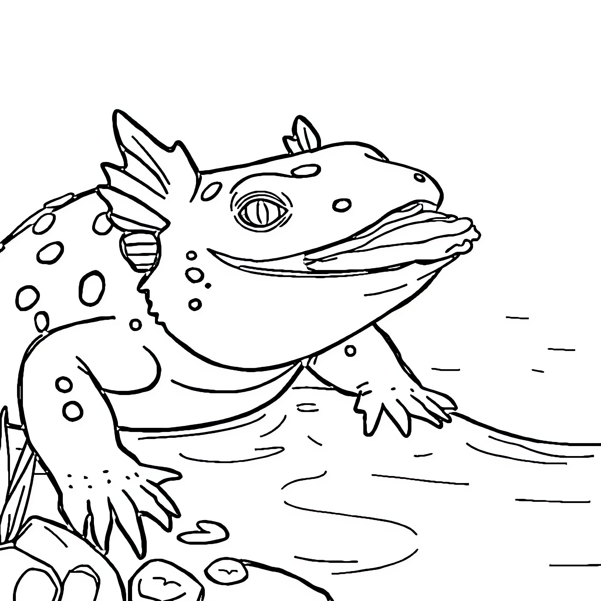 Axolotl swimming in the water Coloring Page (free black-and-white line drawing printable PDF for all, from beginners to advanced learners, including children, teens, adults, and seniors)