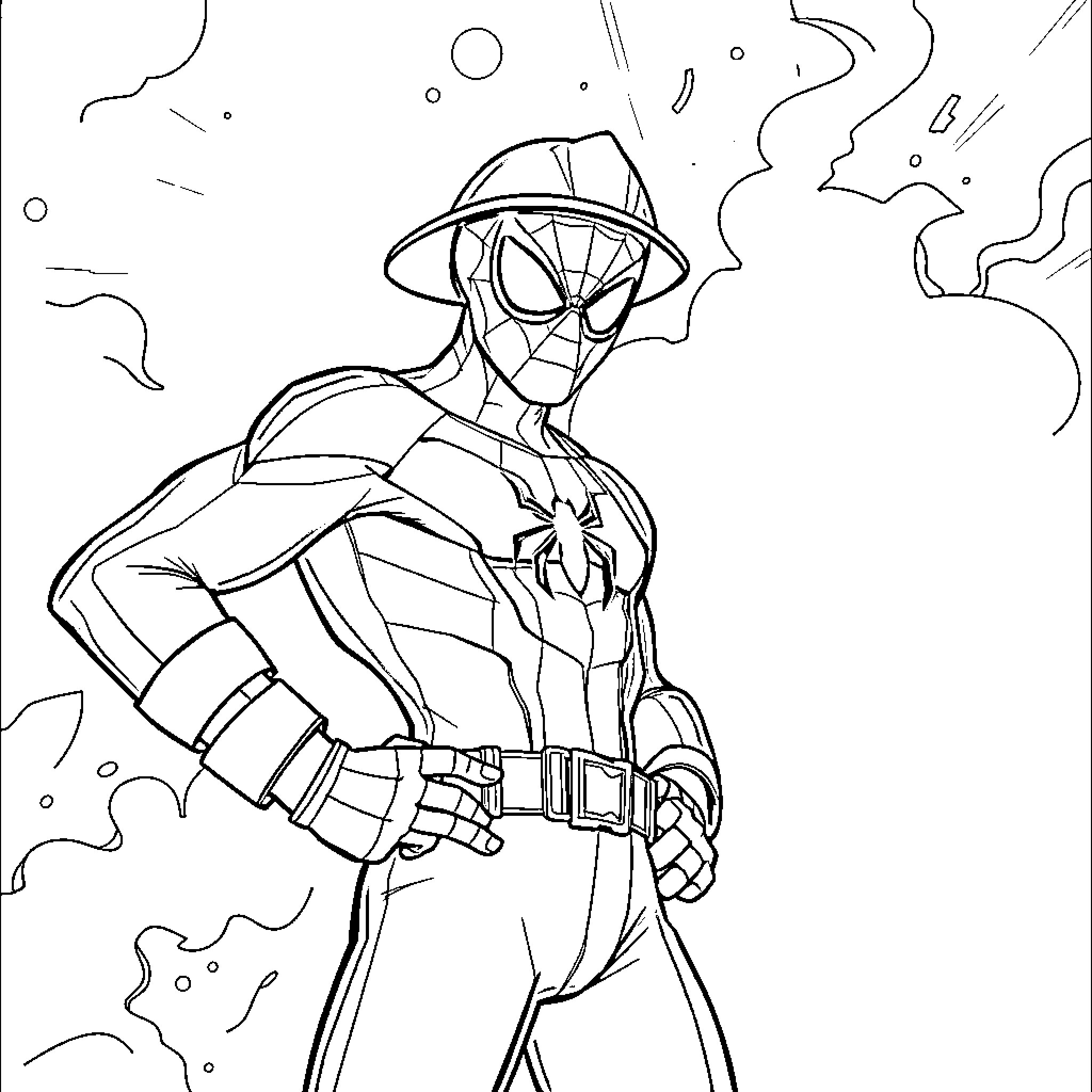 Spiderman in action-packed heroic pose Coloring Page (free black-and-white line drawing printable PDF for all, from beginners to advanced learners, including children, teens, adults, and seniors)