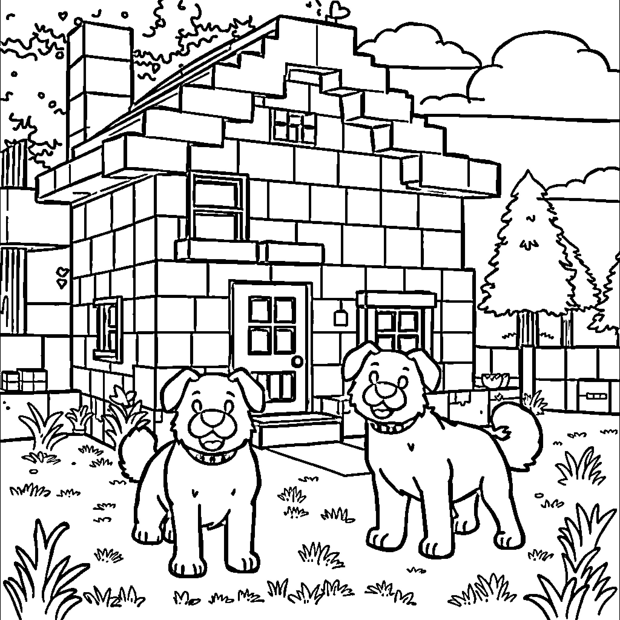 House with dogs in the yard Coloring Page (free black-and-white line drawing printable PDF for all, from beginners to advanced learners, including children, teens, adults, and seniors)