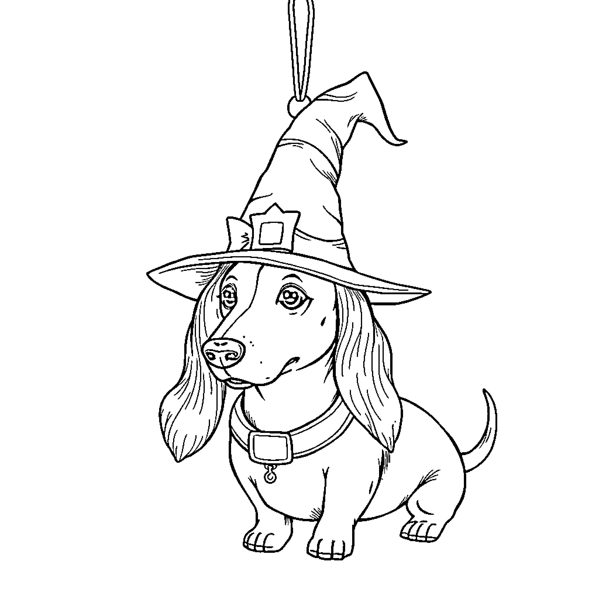 Dachshund wearing a witch hat on Halloween Coloring Page (free black-and-white line drawing printable PDF for all, from beginners to advanced learners, including children, teens, adults, and seniors)