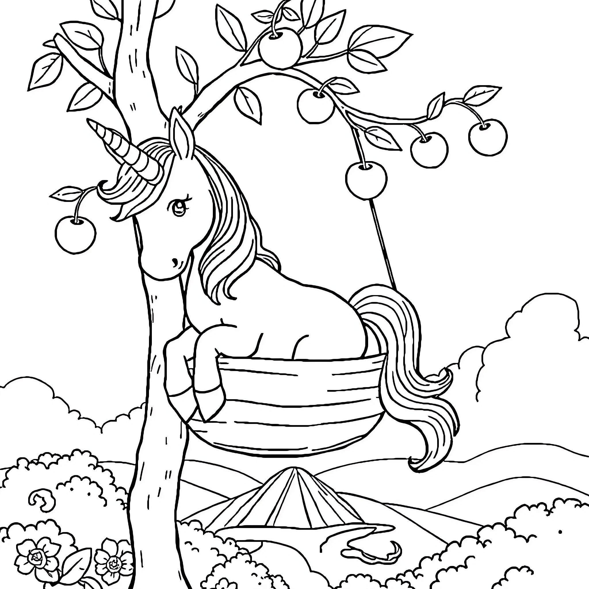 Unicorn resting peacefully under apple tree Coloring Page (free black-and-white line drawing printable PDF for all, from beginners to advanced learners, including children, teens, adults, and seniors)
