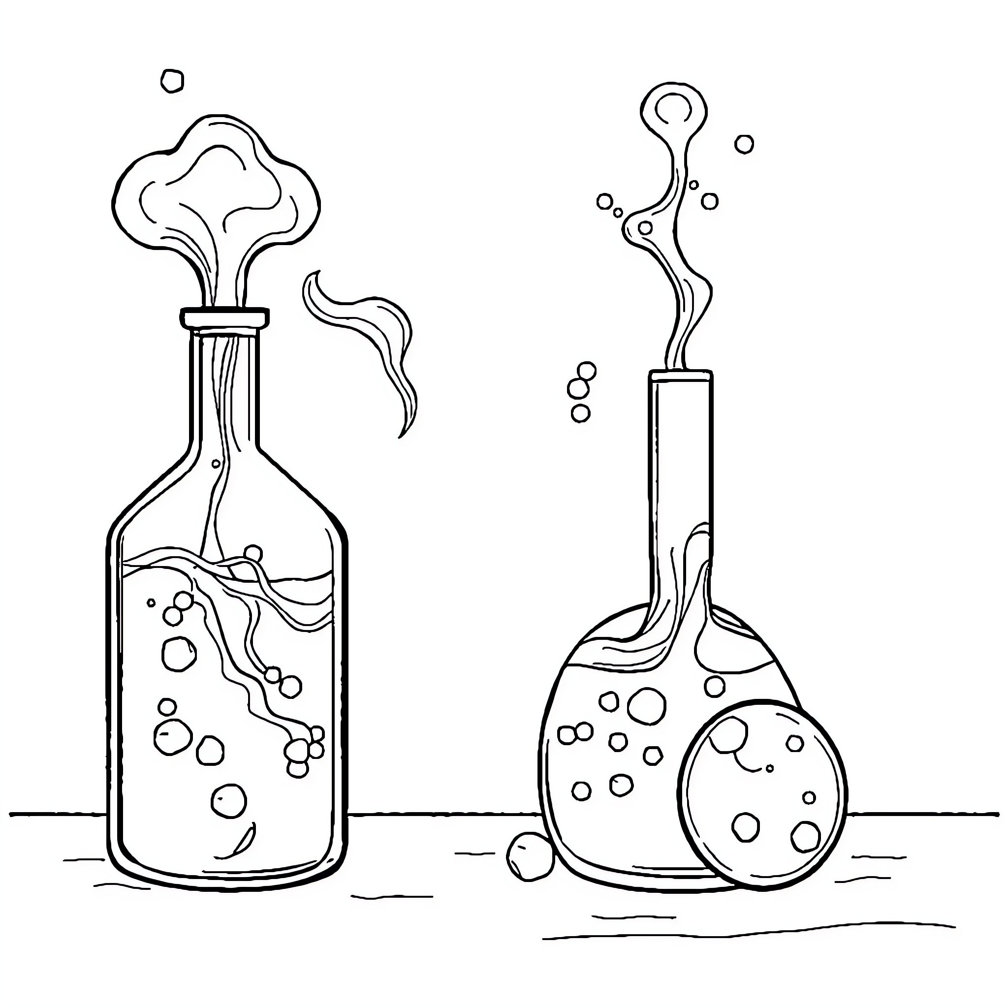 Chemistry Experiment Apparatus and Substances Coloring Page (free black-and-white line drawing printable PDF for all, from beginners to advanced learners, including children, teens, adults, and seniors)