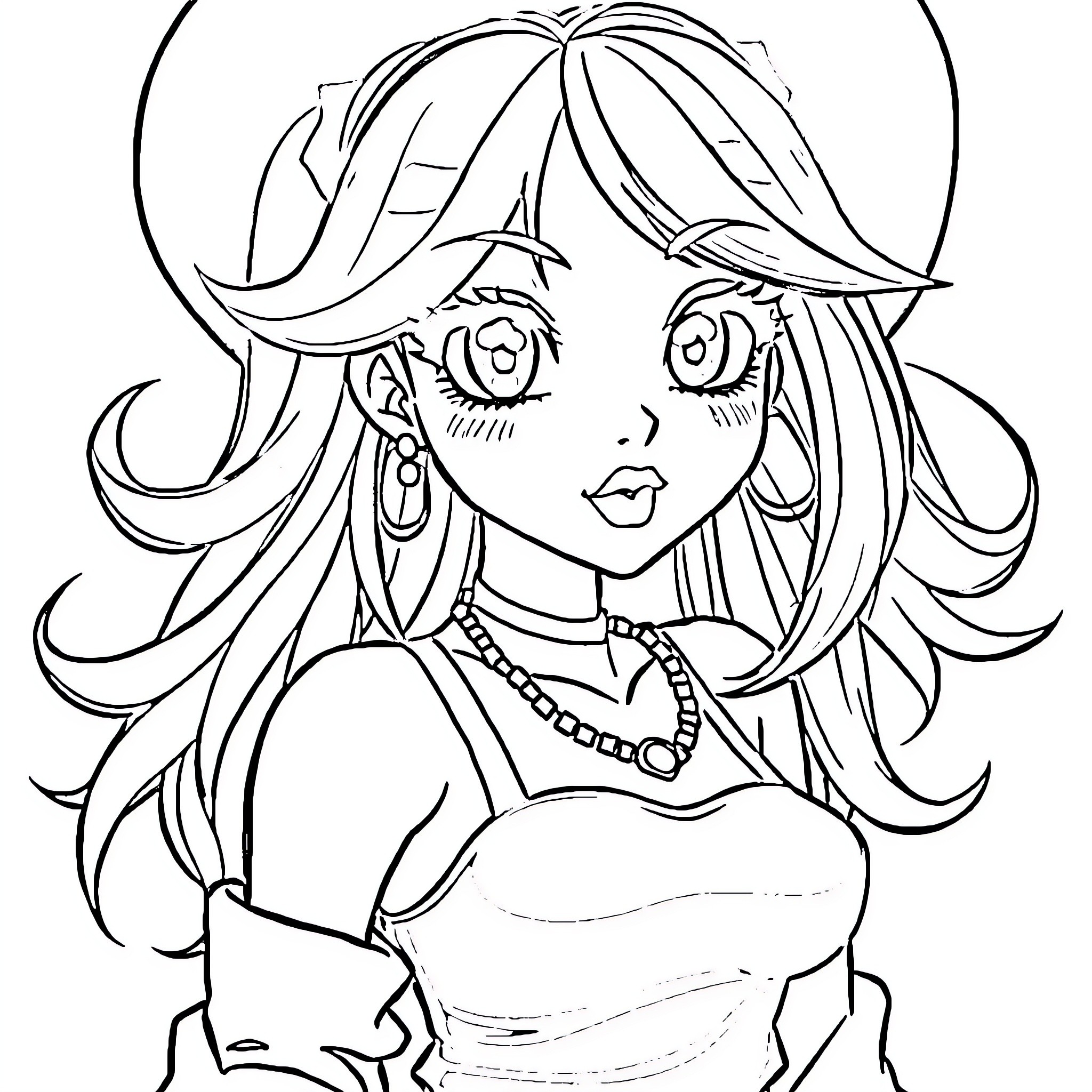 Anime Babe with Flowing Hair and Expressive Features Coloring Page (free black-and-white line drawing printable PDF for all, from beginners to advanced learners, including children, teens, adults, and seniors)