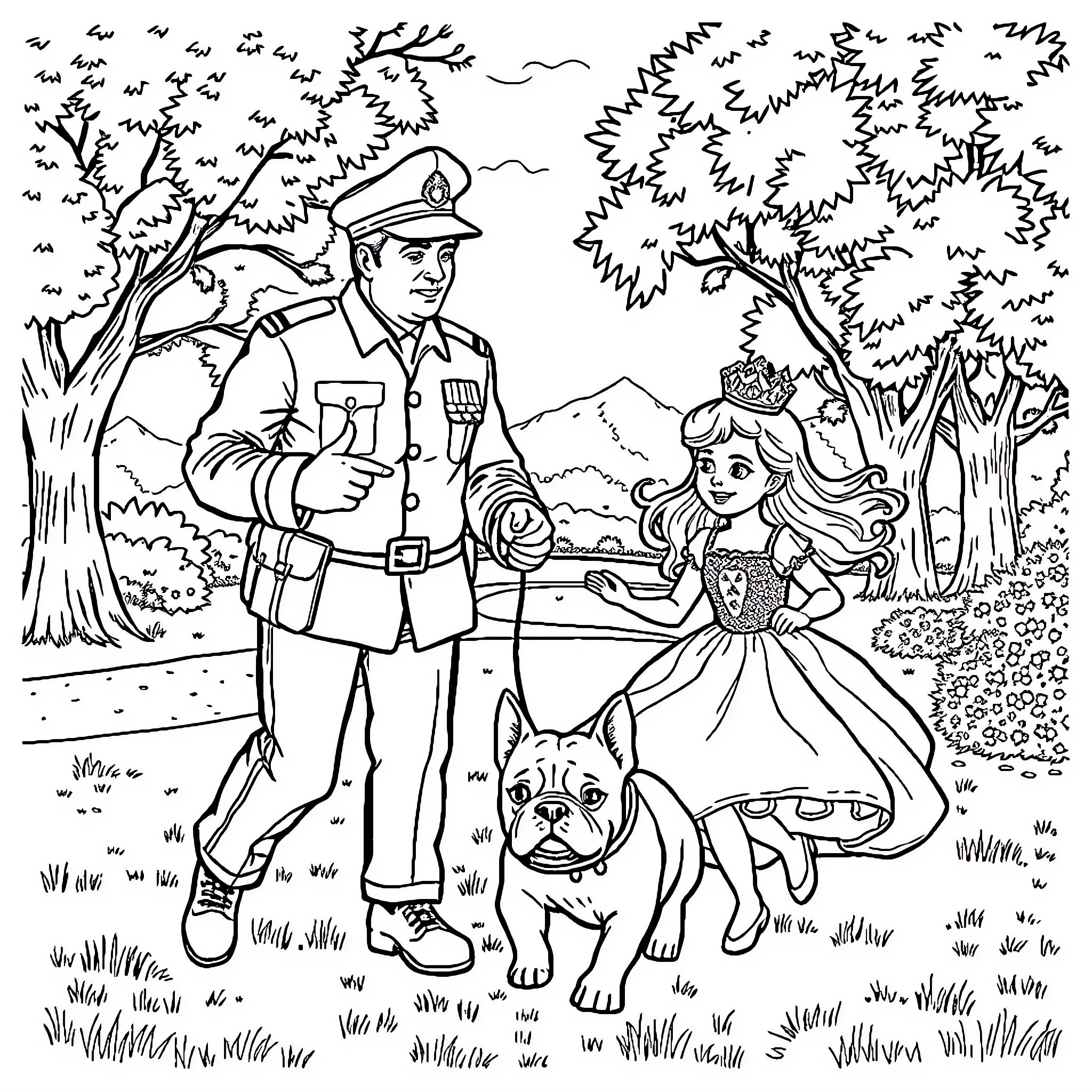 Firefighter Assisting a Distressed Princess and Her Canine Companion Coloring Page (free black-and-white line drawing printable PDF for all, from beginners to advanced learners, including children, teens, adults, and seniors)