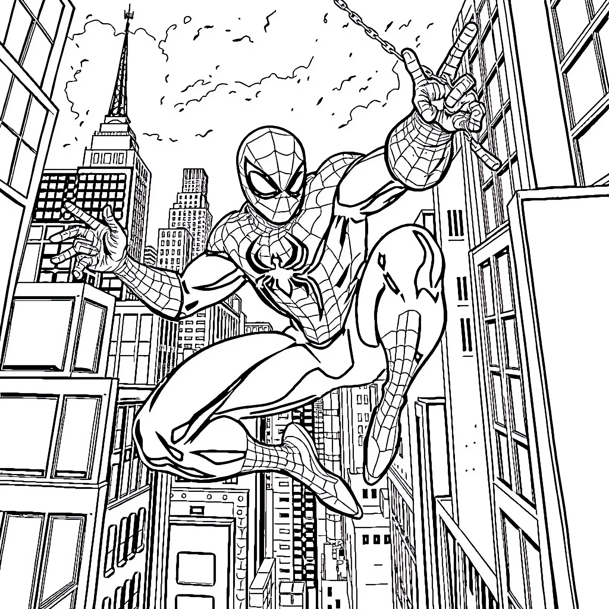 Spiderman swinging through the city skyline Coloring Page (free black-and-white line drawing printable PDF for all, from beginners to advanced learners, including children, teens, adults, and seniors)