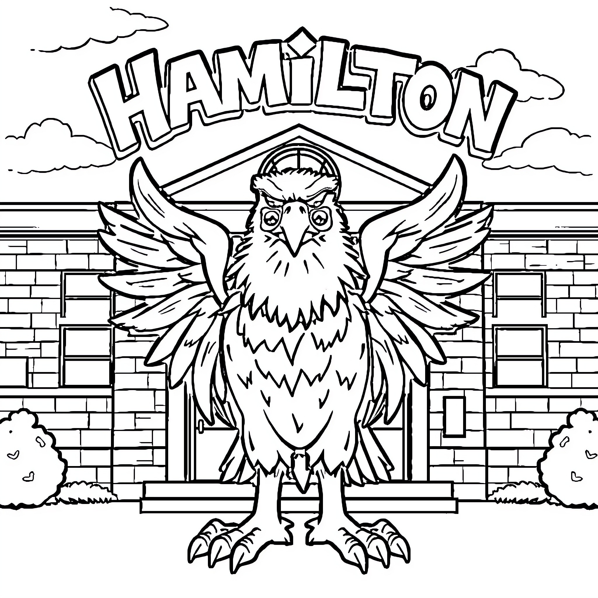 Eagle mascot standing proudly in Hamilton Coloring Page (free black-and-white line drawing printable PDF for all, from beginners to advanced learners, including children, teens, adults, and seniors)