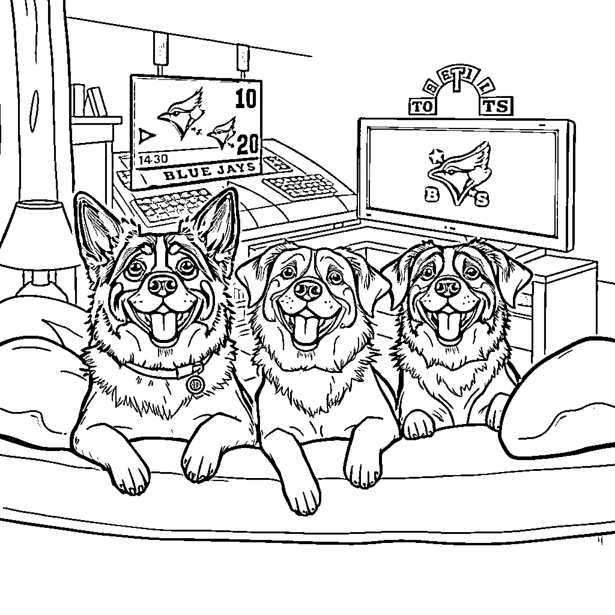 Dogs watching baseball game on TV Coloring Page (free black-and-white line drawing printable PDF for all, from beginners to advanced learners, including children, teens, adults, and seniors)