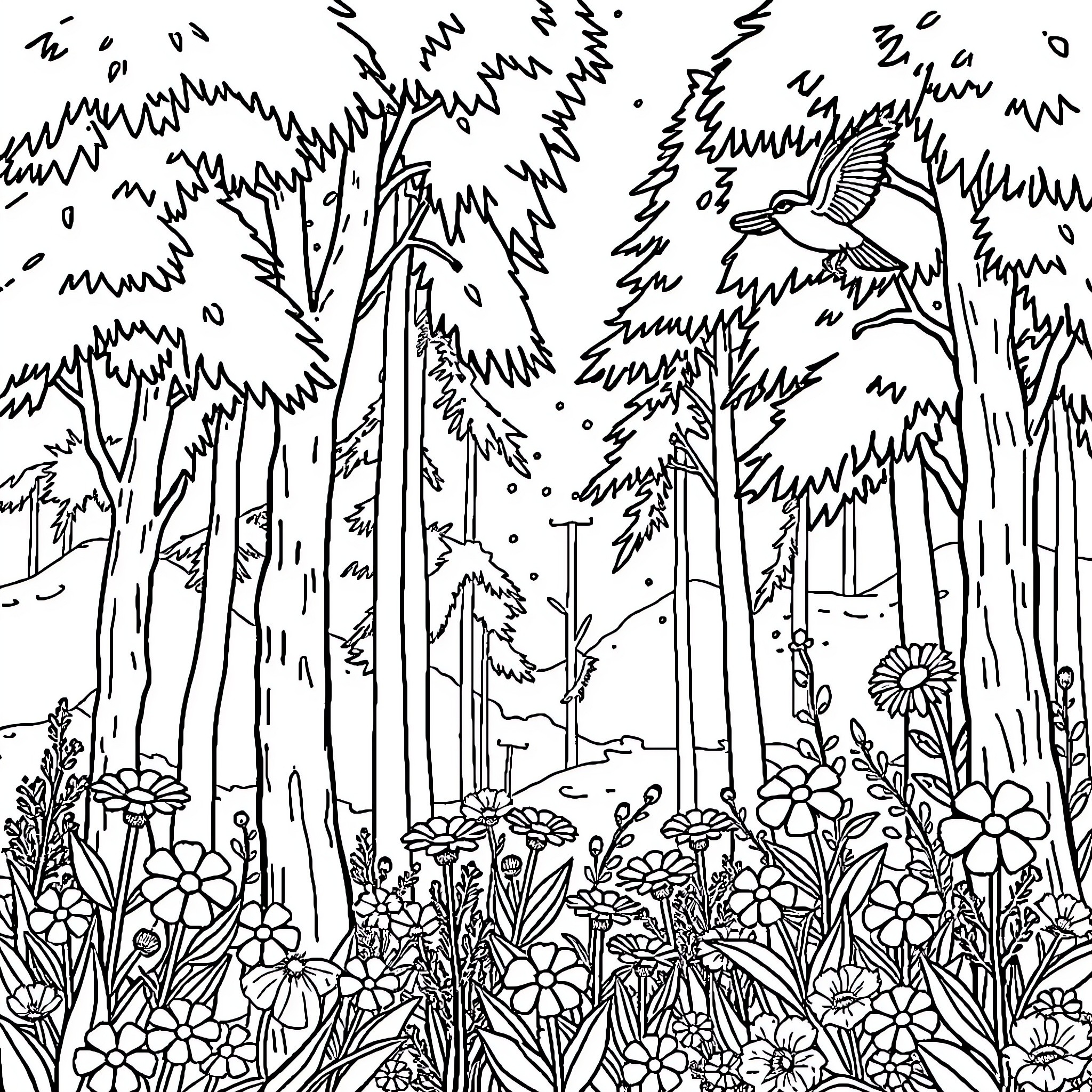 Nature's Enchanted Forest Coloring Page (free black-and-white line drawing printable PDF for all, from beginners to advanced learners, including children, teens, adults, and seniors)