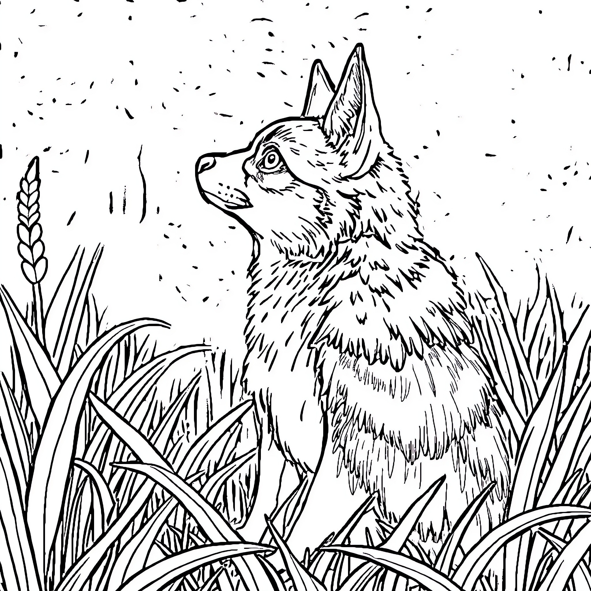 Dog in a field of tall grass Coloring Page (free black-and-white line drawing printable PDF for all, from beginners to advanced learners, including children, teens, adults, and seniors)
