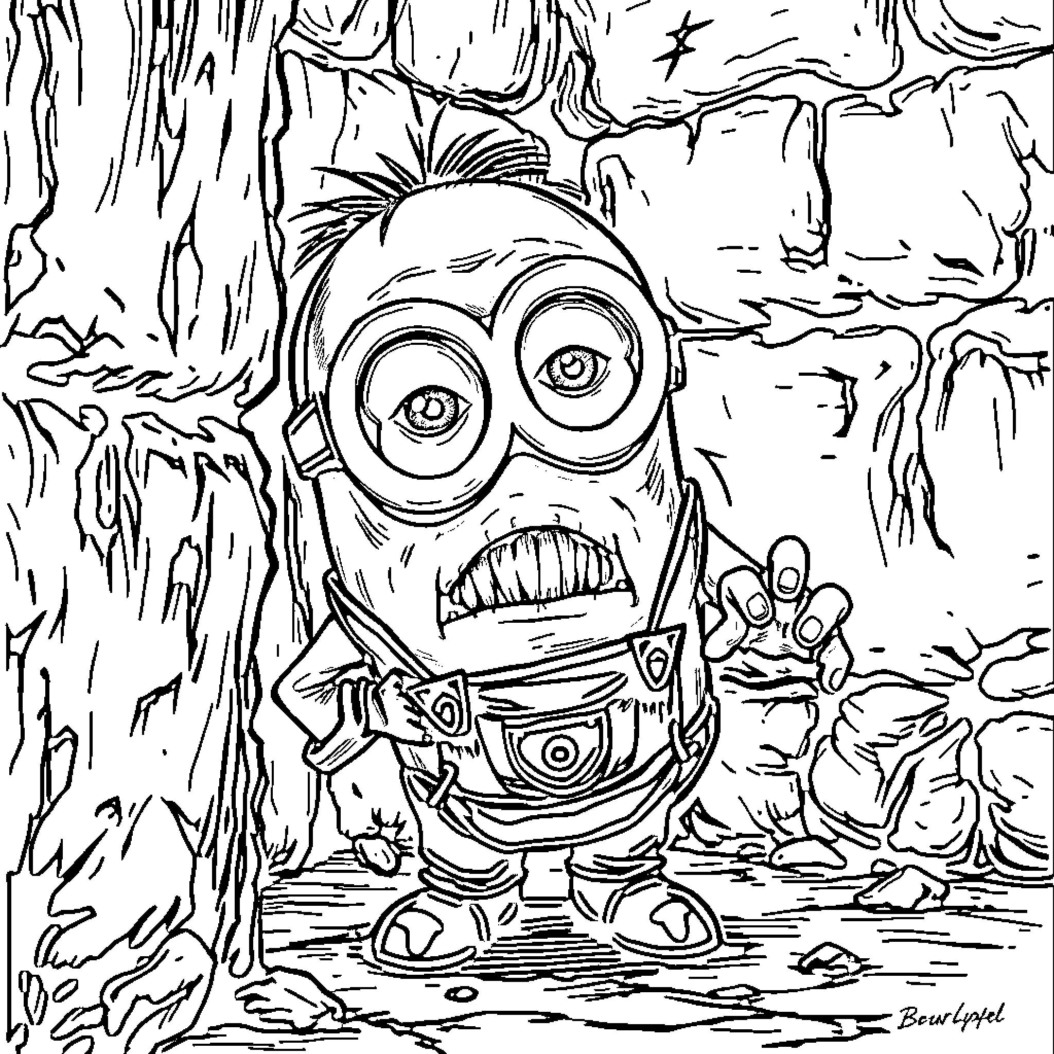 Minion exploring the mysterious forest Coloring Page (free black-and-white line drawing printable PDF for all, from beginners to advanced learners, including children, teens, adults, and seniors)