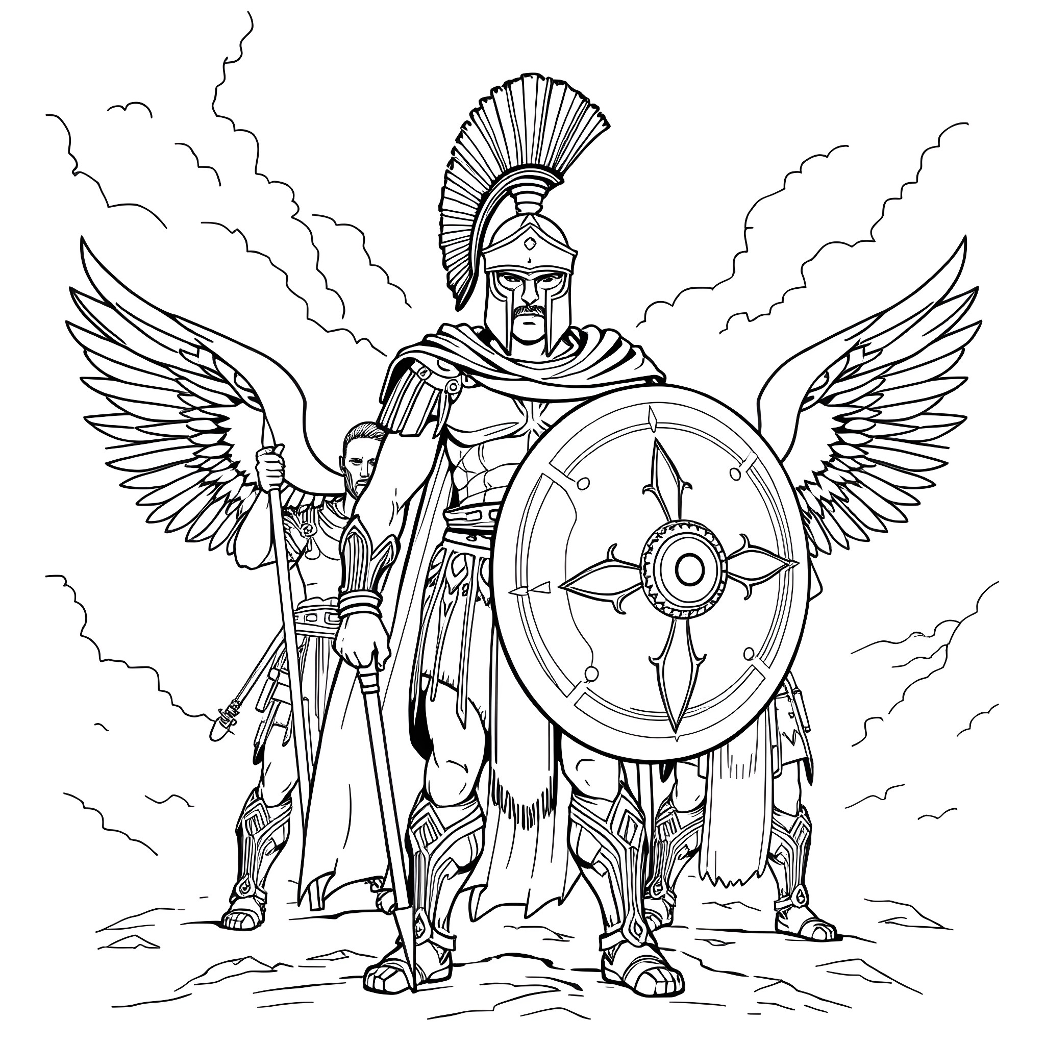 Spartan warrior with winged armor and shield Coloring Page (free black-and-white line drawing printable PDF for all, from beginners to advanced learners, including children, teens, adults, and seniors)