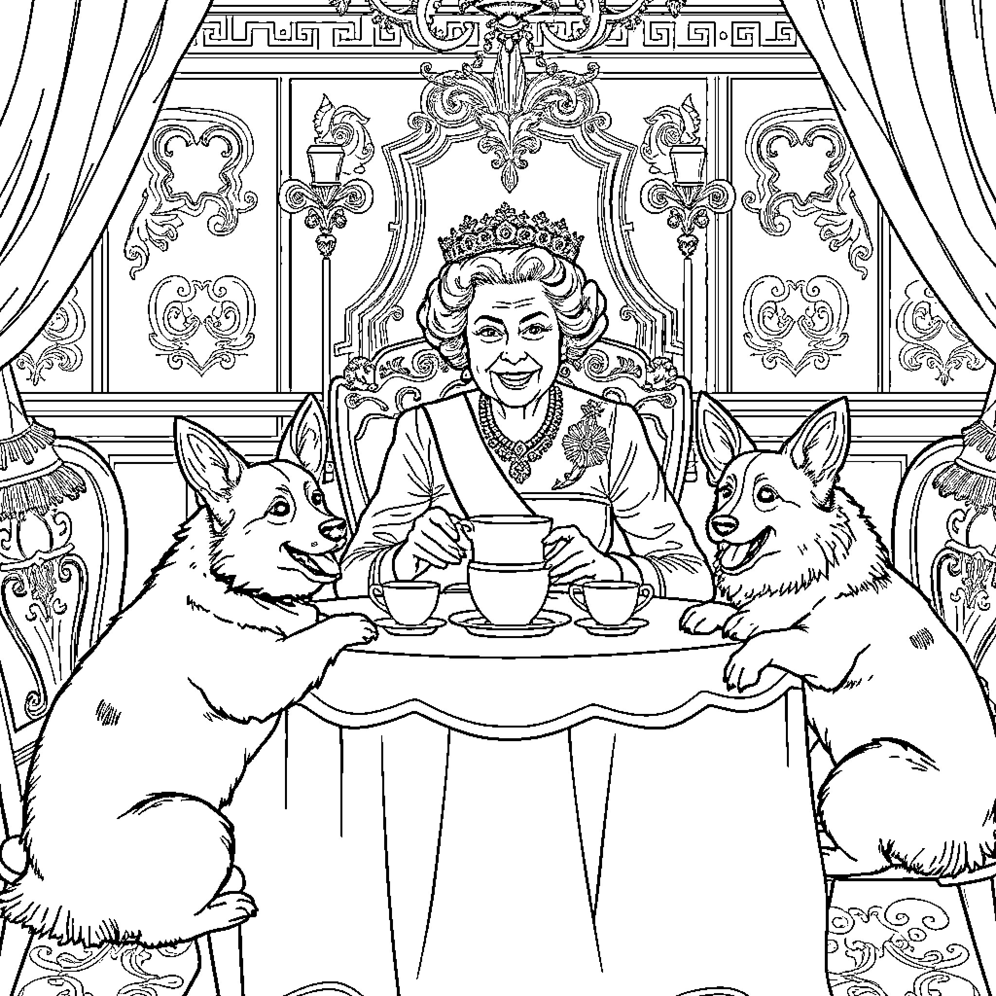 Queen Enjoys Tea with Loyal Companions Coloring Page (free black-and-white line drawing printable PDF for all, from beginners to advanced learners, including children, teens, adults, and seniors)