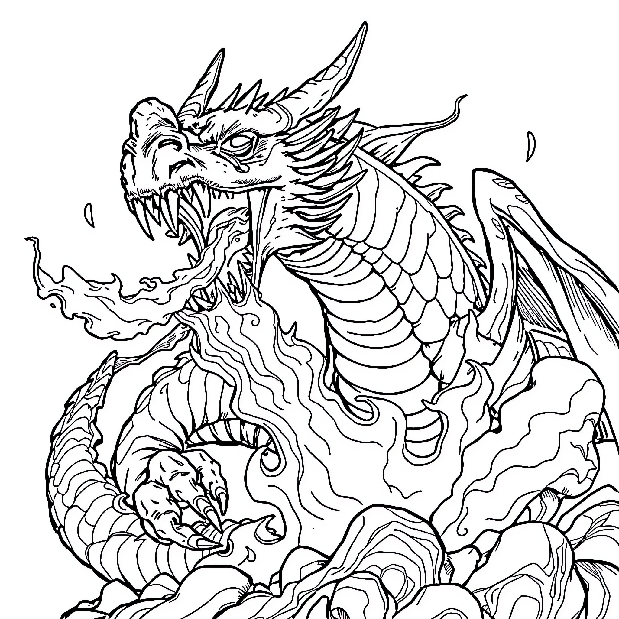Dragon Unleashing Fiery Breath in Fierce Battle Coloring Page (free black-and-white line drawing printable PDF for all, from beginners to advanced learners, including children, teens, adults, and seniors)