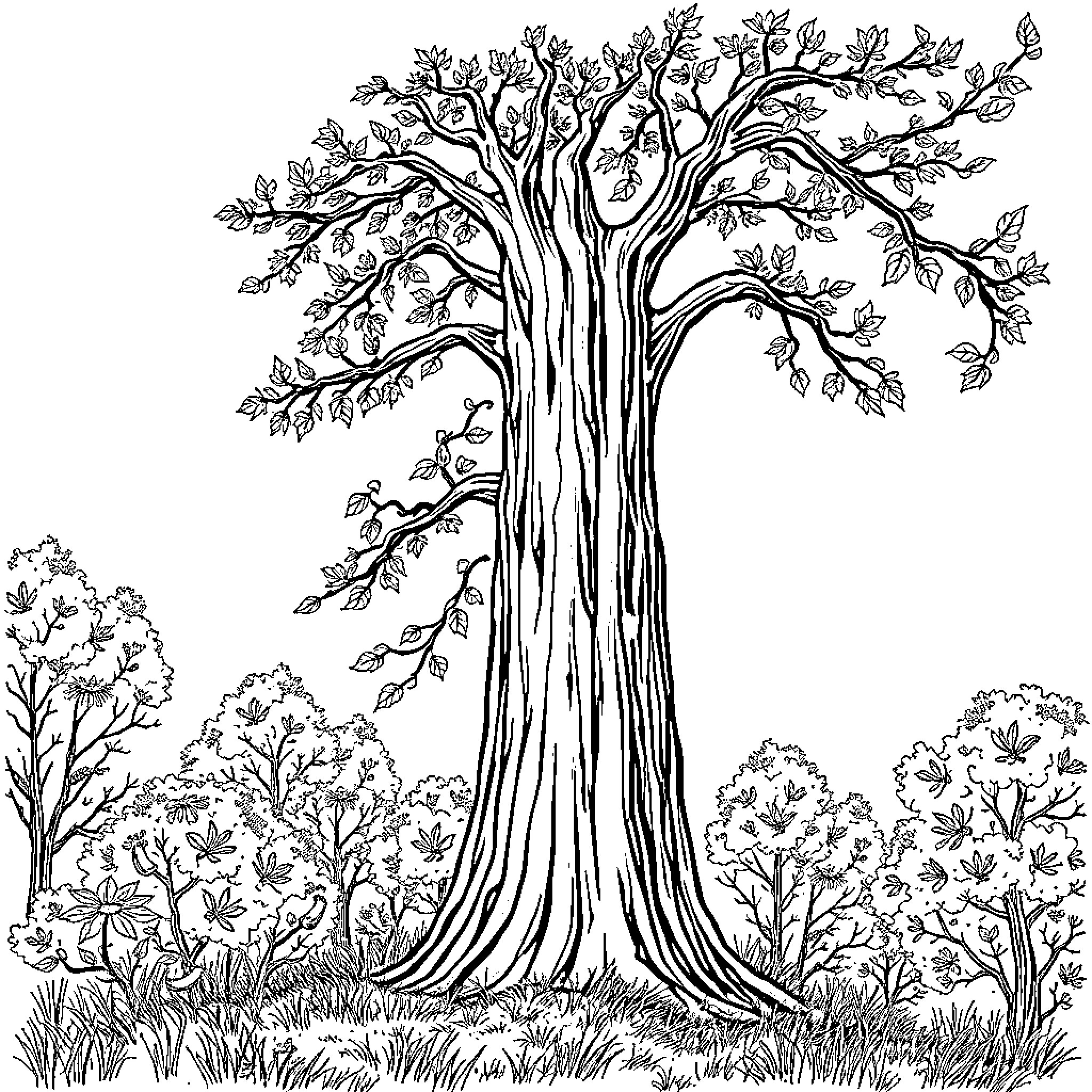 Tree with lush foliage in a peaceful landscape Coloring Page (free black-and-white line drawing printable PDF for all, from beginners to advanced learners, including children, teens, adults, and seniors)