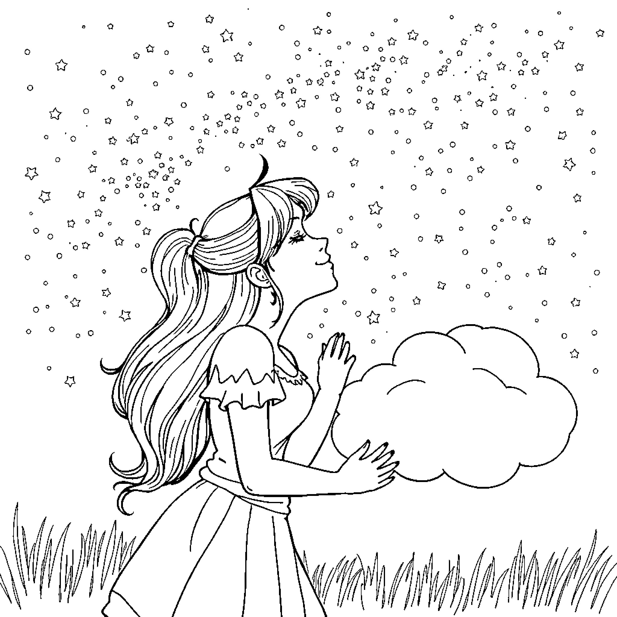 Tifa gazing at the starry night sky Coloring Page (free black-and-white line drawing printable PDF for all, from beginners to advanced learners, including children, teens, adults, and seniors)