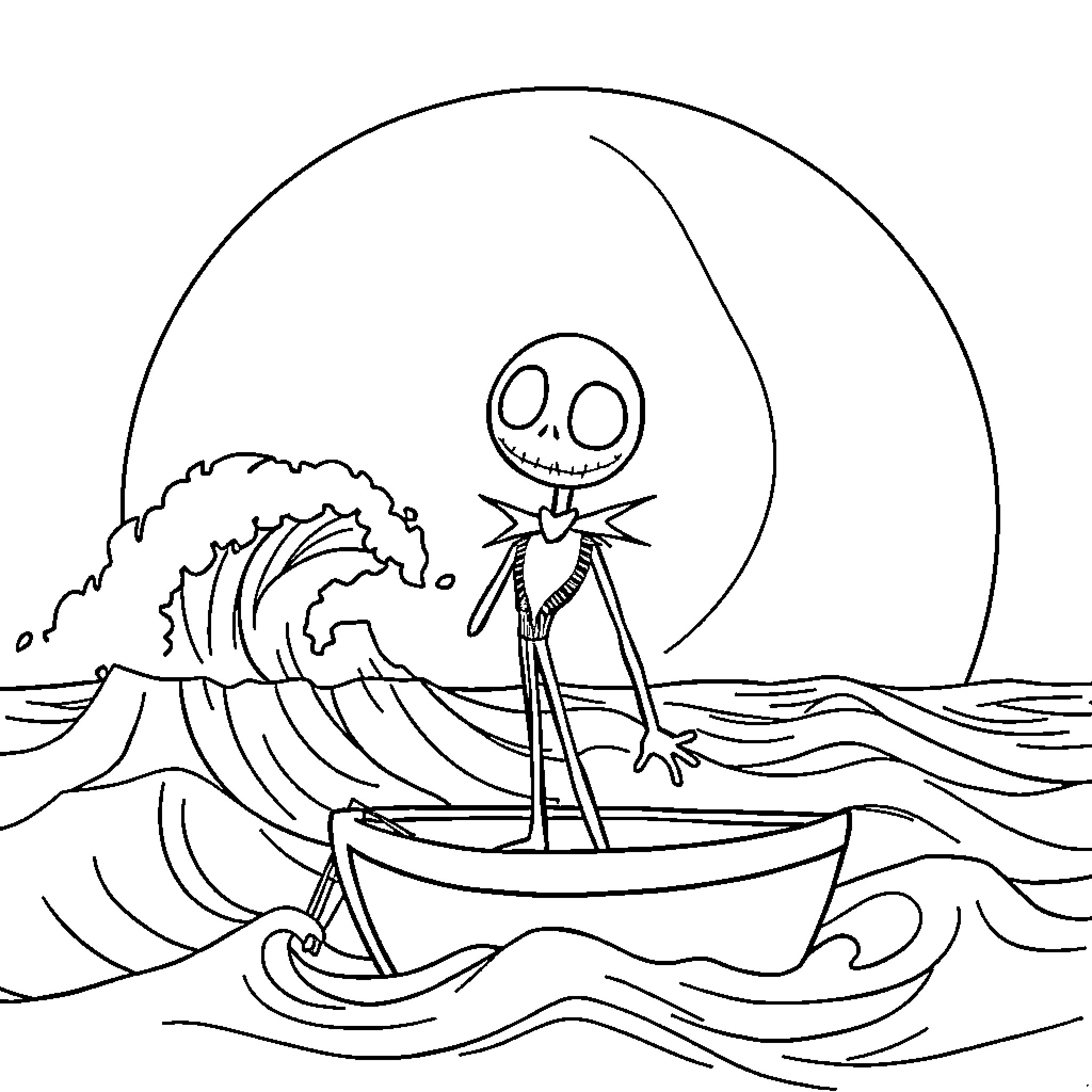 Jack Skellington sailing in a boat at sea Coloring Page (free black-and-white line drawing printable PDF for all, from beginners to advanced learners, including children, teens, adults, and seniors)
