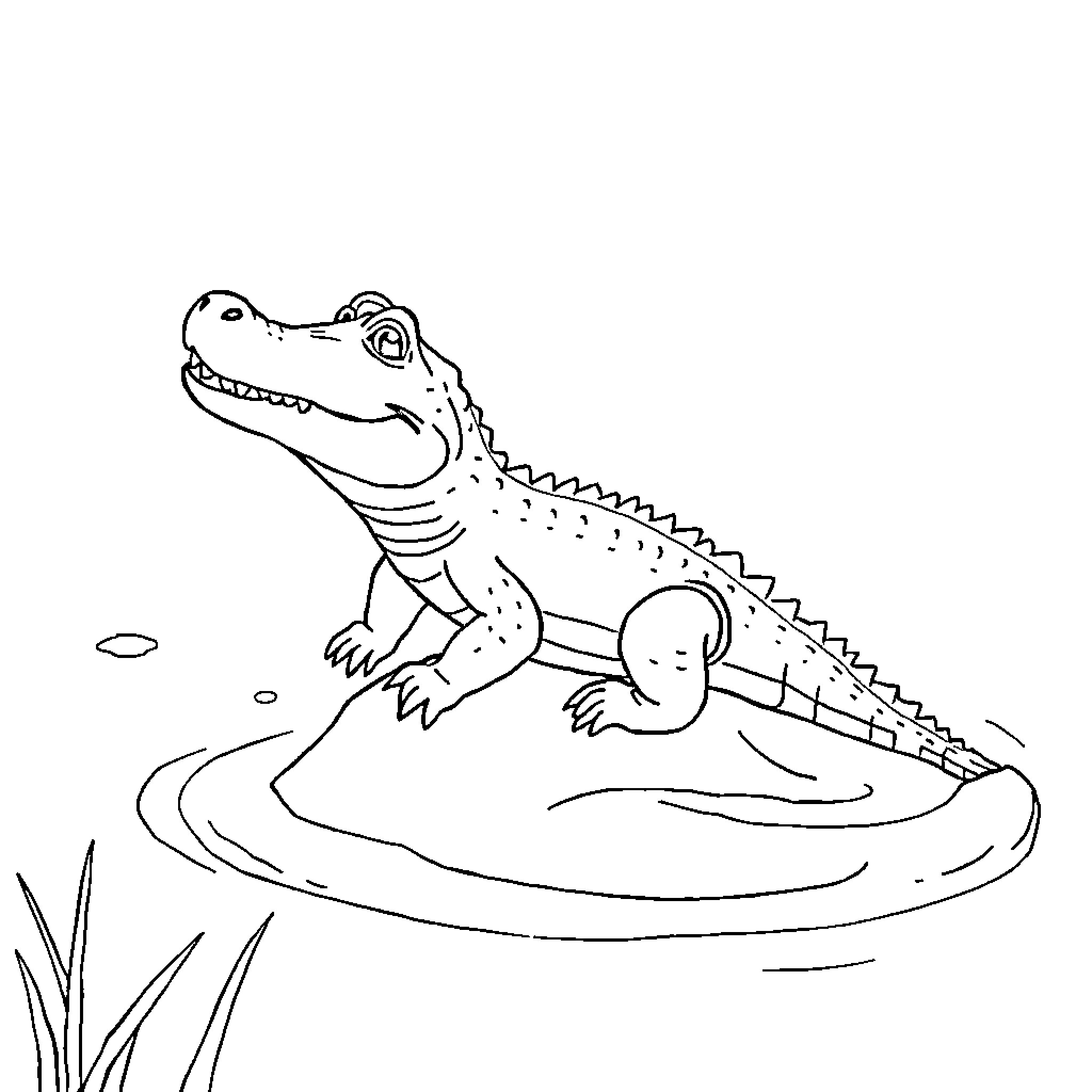 Crocodile basking on the riverbank Coloring Page (free black-and-white line drawing printable PDF for all, from beginners to advanced learners, including children, teens, adults, and seniors)