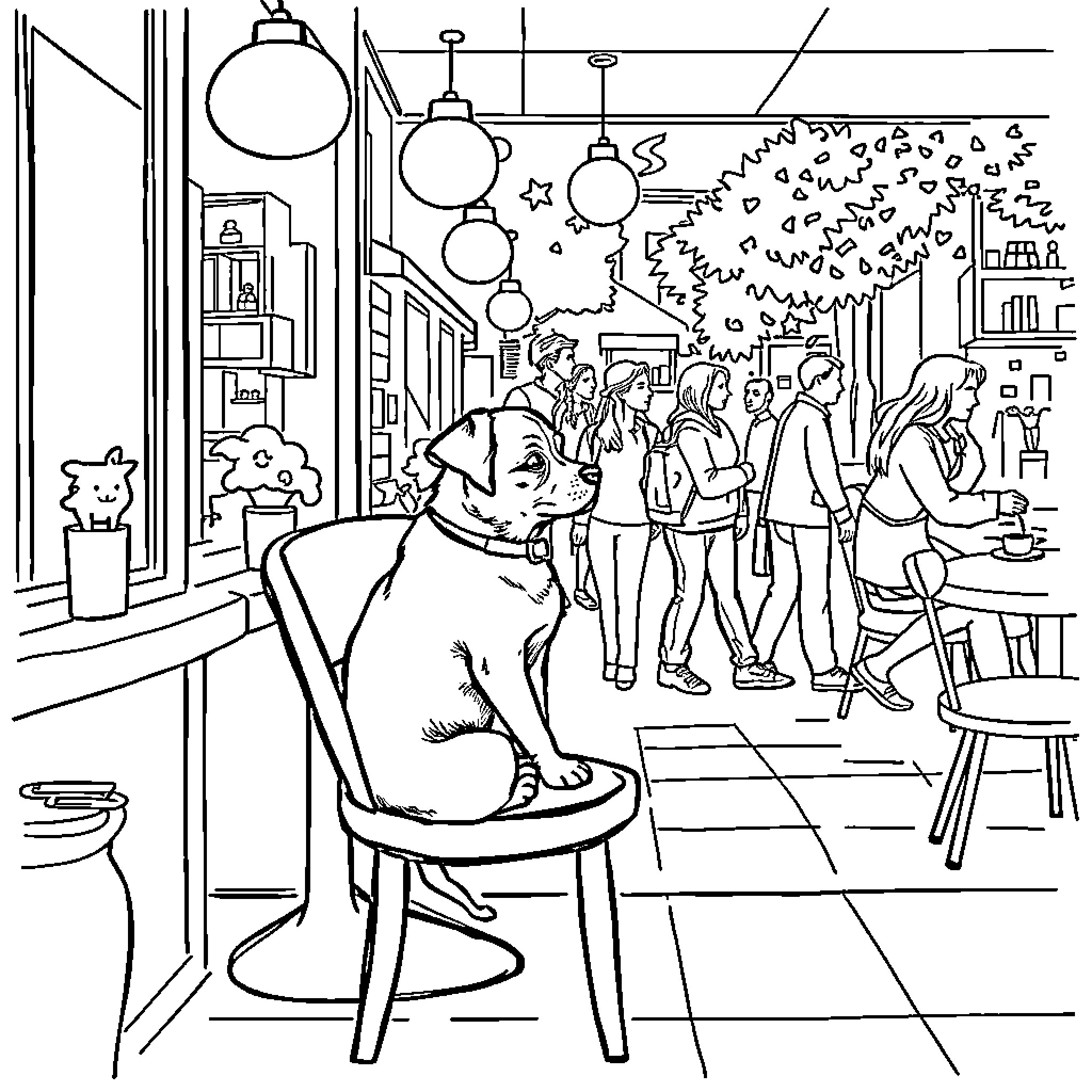 Dog relaxing in cafe amid busy crowd Coloring Page (free black-and-white line drawing printable PDF for all, from beginners to advanced learners, including children, teens, adults, and seniors)