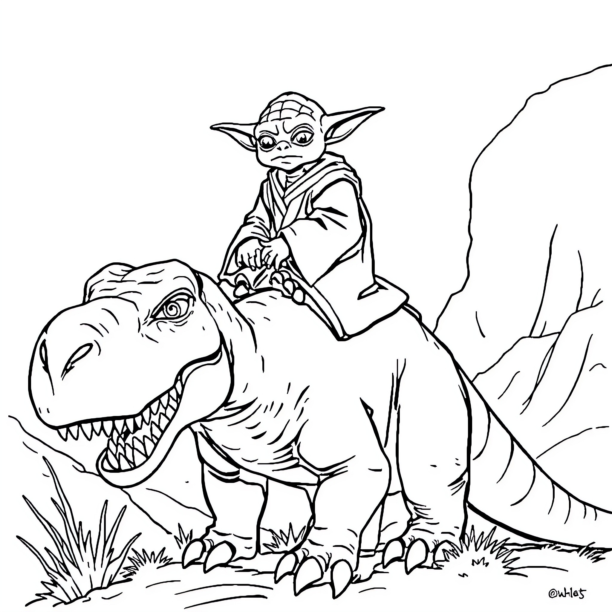 Yoda riding an intimidating dinosaur in the wilderness Coloring Page (free black-and-white line drawing printable PDF for all, from beginners to advanced learners, including children, teens, adults, and seniors)