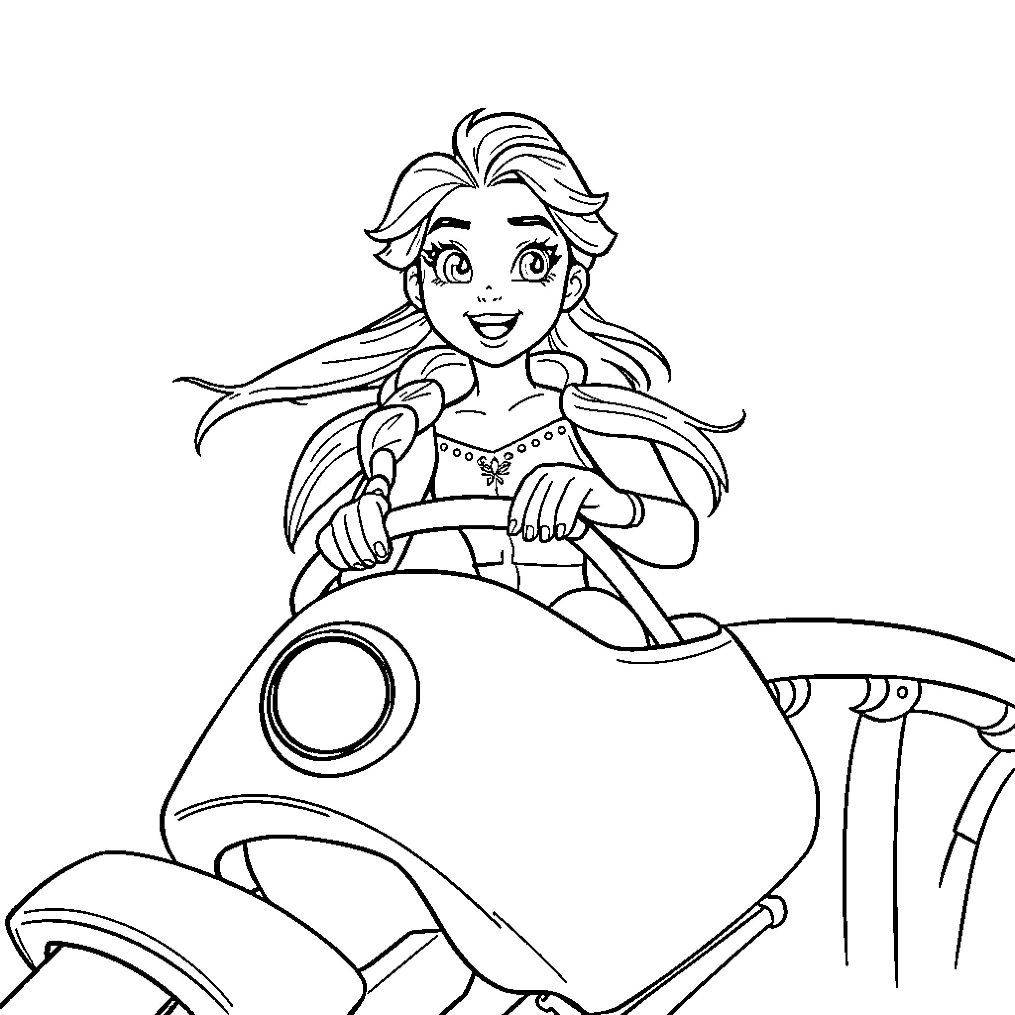 Elsa's Thrilling Motorcycle Adventure Coloring Page (free black-and-white line drawing printable PDF for all, from beginners to advanced learners, including children, teens, adults, and seniors)