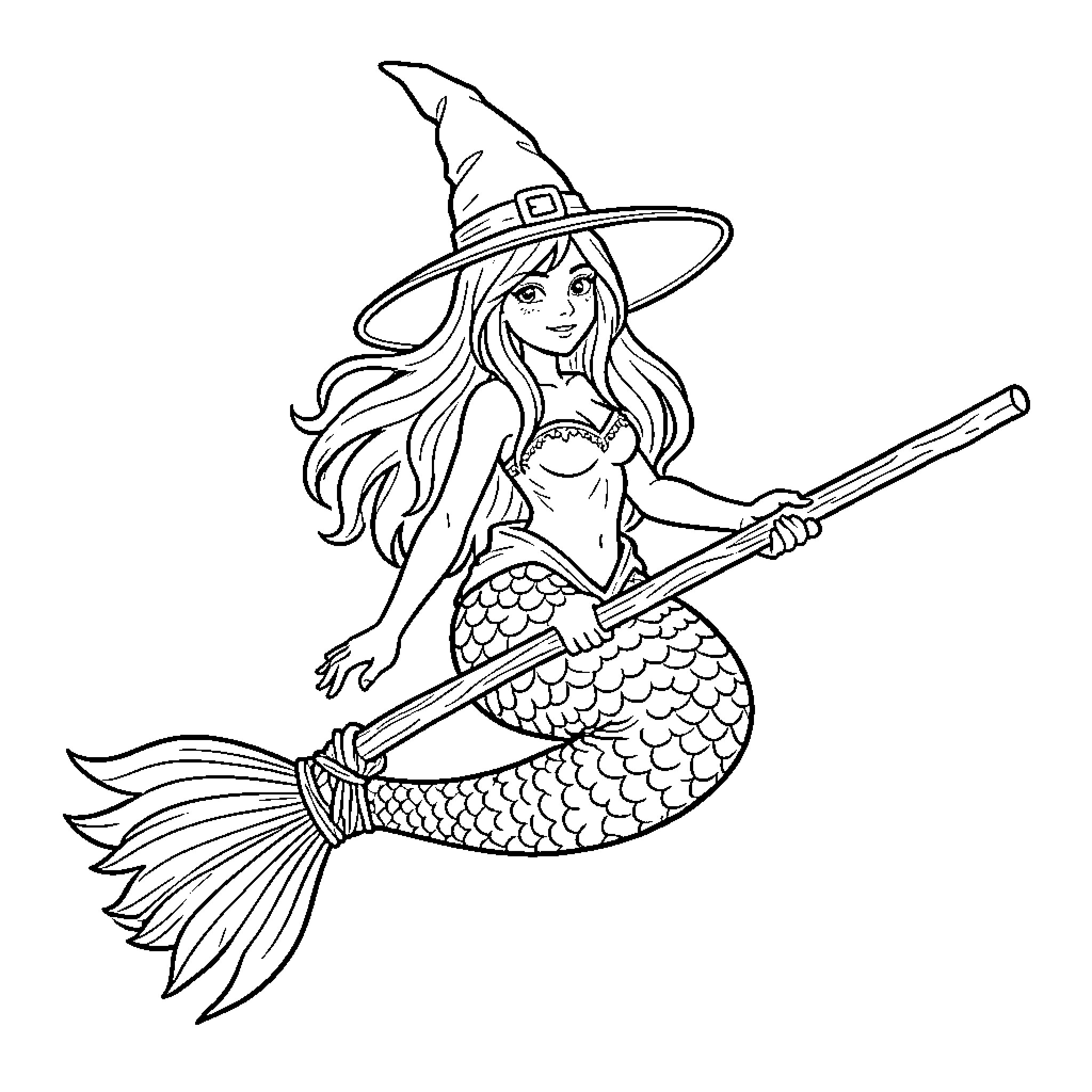 Mermaid witch riding on a broomstick Coloring Page (free black-and-white line drawing printable PDF for all, from beginners to advanced learners, including children, teens, adults, and seniors)