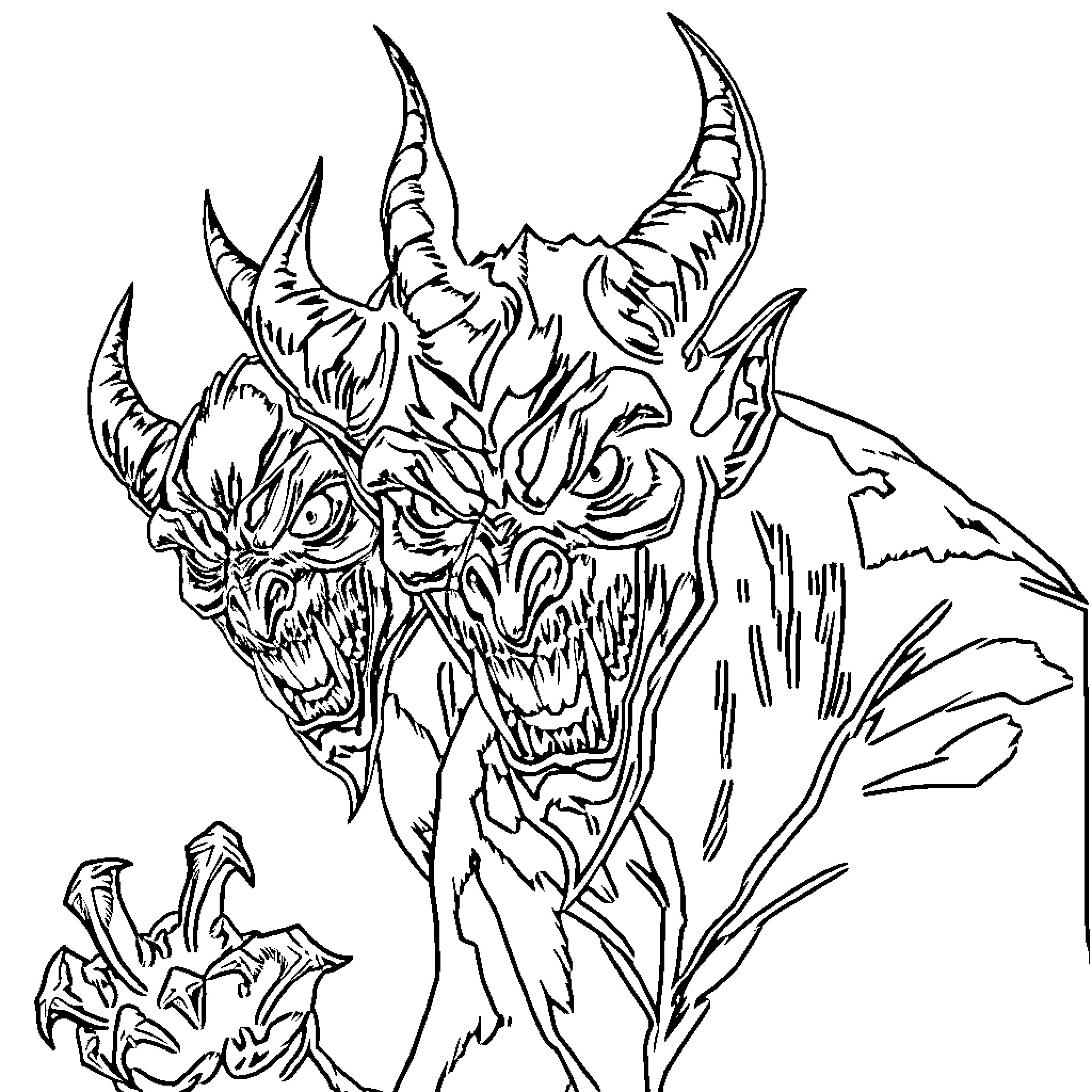Demon Creature with Fearsome Appearance and Exaggerated Features Coloring Page (free black-and-white line drawing printable PDF for all, from beginners to advanced learners, including children, teens, adults, and seniors)