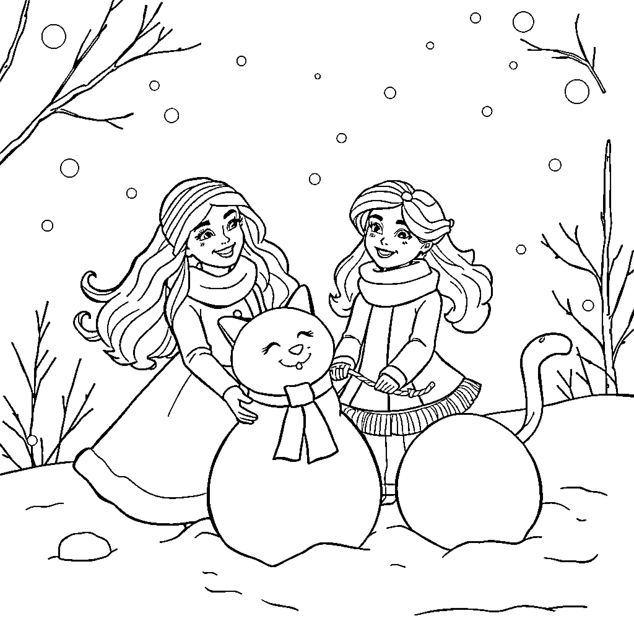 Barbie and friends building a snowman in winter Coloring Page (free black-and-white line drawing printable PDF for all, from beginners to advanced learners, including children, teens, adults, and seniors)