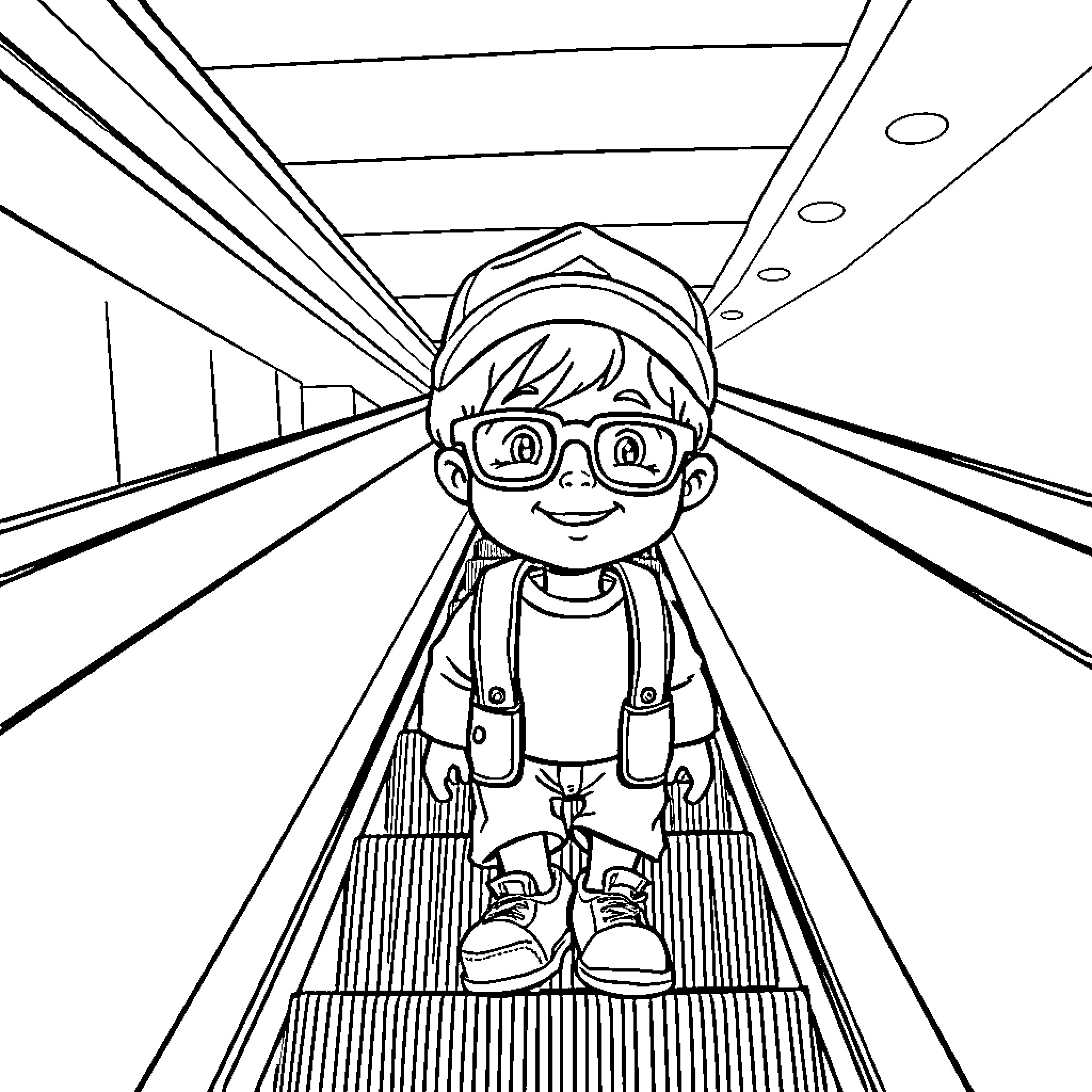 Boy exploring mysterious tunnel with excitement Coloring Page (free black-and-white line drawing printable PDF for all, from beginners to advanced learners, including children, teens, adults, and seniors)