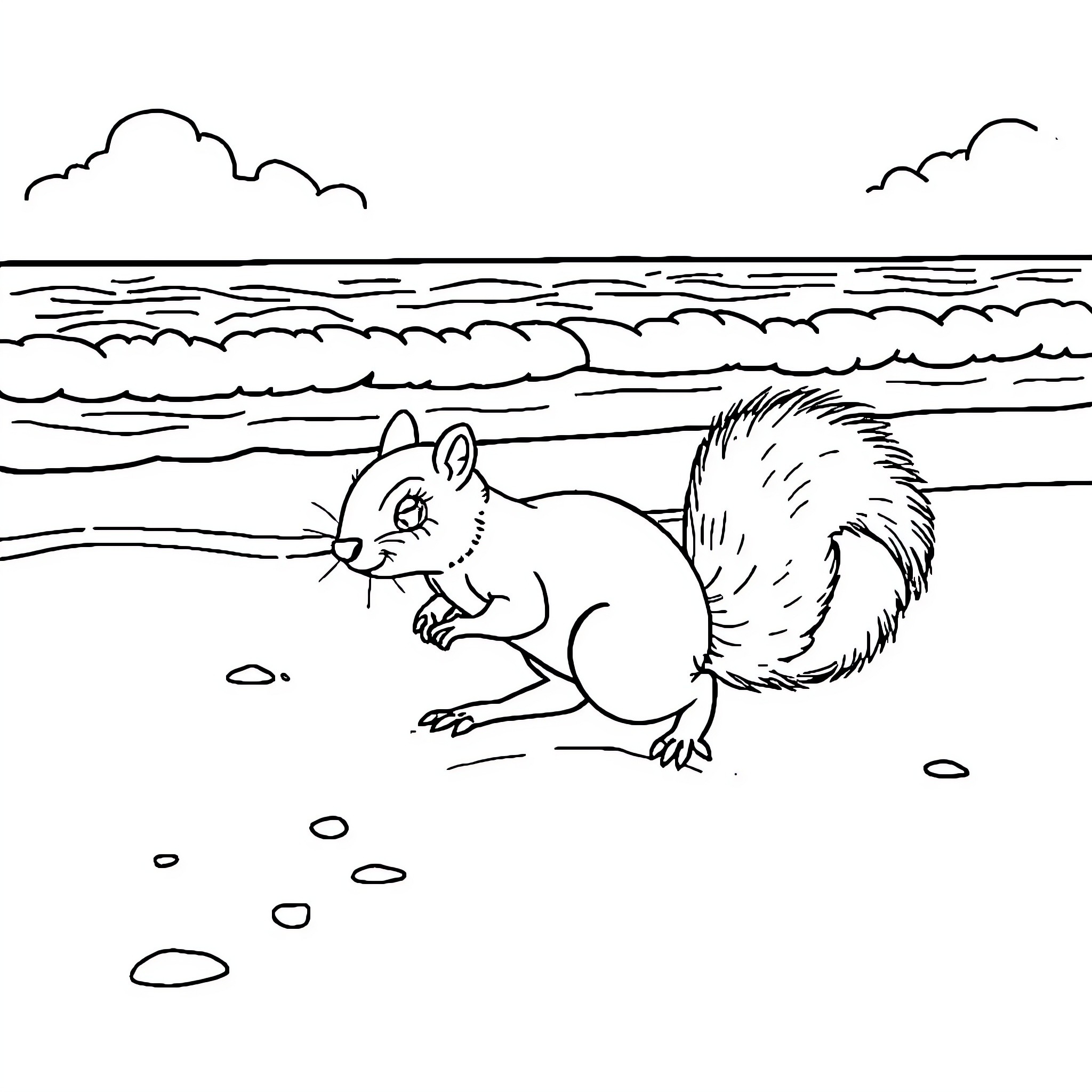 Squirrel foraging on the beach Coloring Page (free black-and-white line drawing printable PDF for all, from beginners to advanced learners, including children, teens, adults, and seniors)
