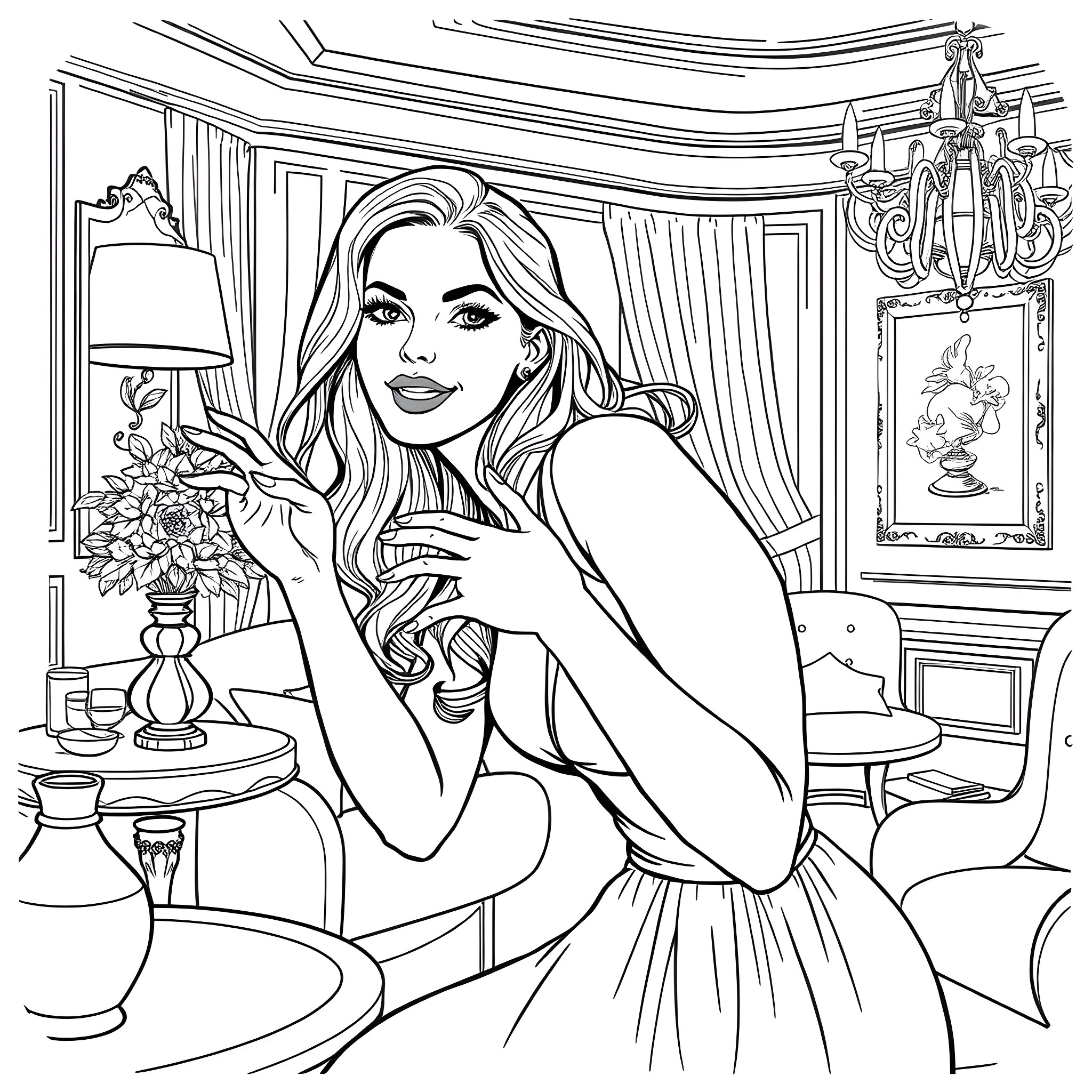 Woman in an elegant interior setting Coloring Page (free black-and-white line drawing printable PDF for all, from beginners to advanced learners, including children, teens, adults, and seniors)