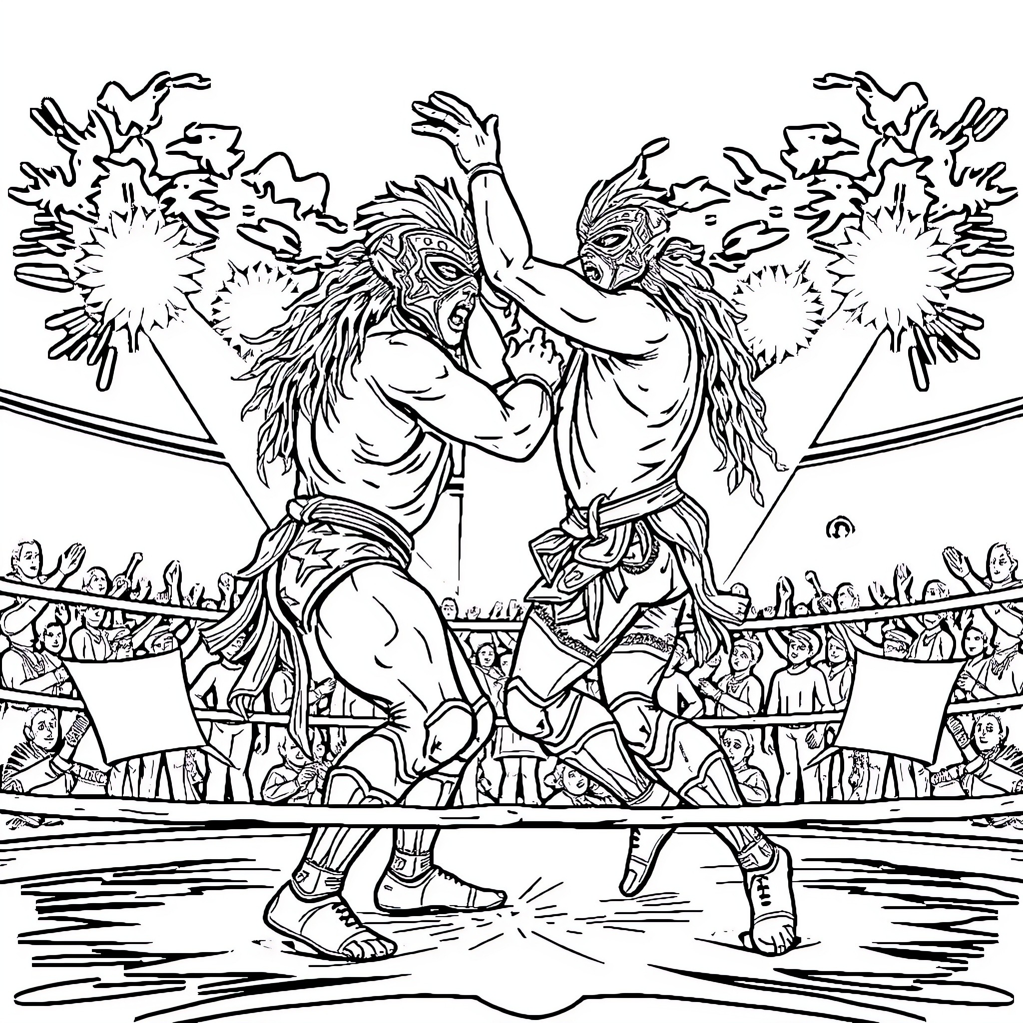 Lucha Libre Wrestlers Battling Intensely in the Ring Coloring Page (free black-and-white line drawing printable PDF for all, from beginners to advanced learners, including children, teens, adults, and seniors)