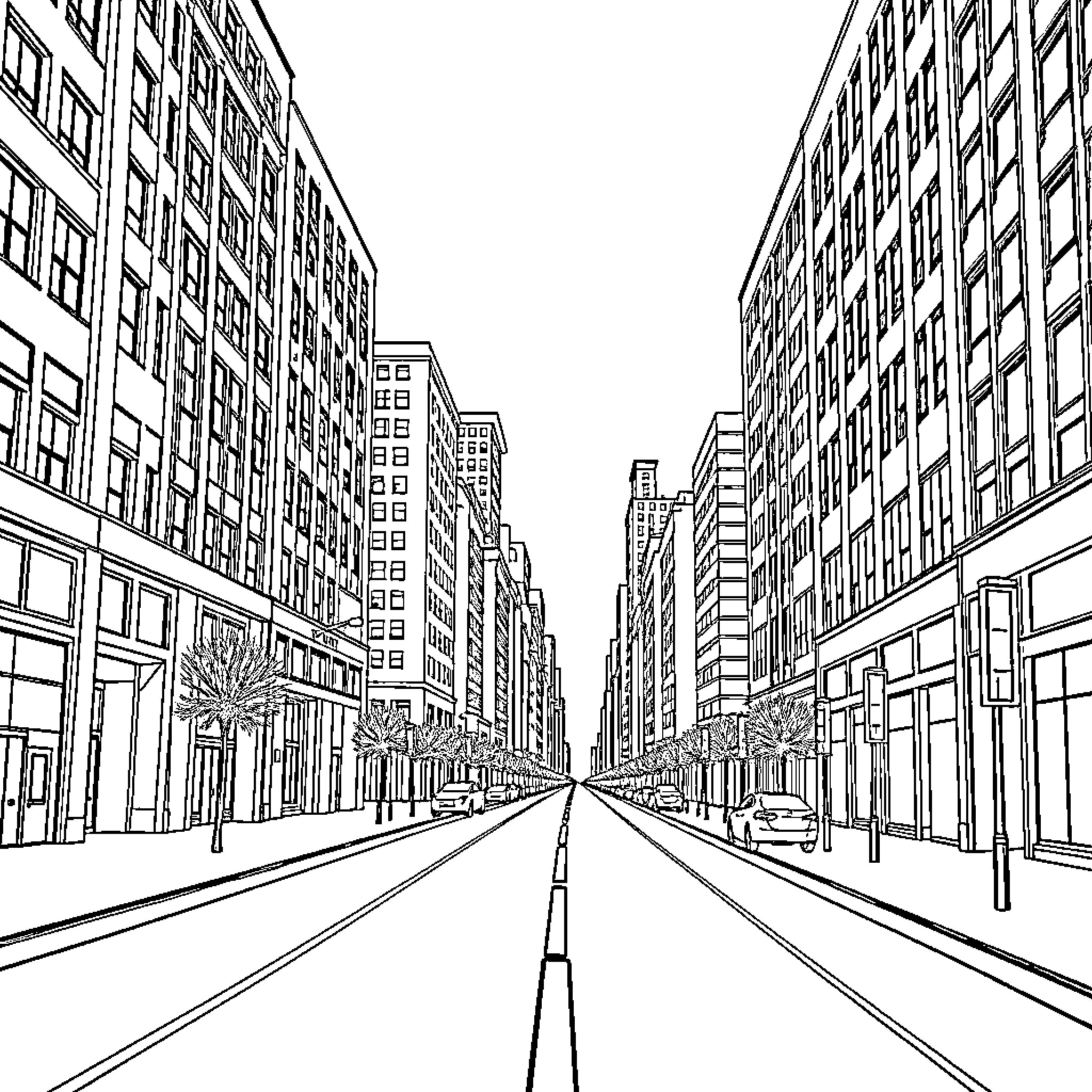 City Street with Towering Buildings and Vehicles Coloring Page (free black-and-white line drawing printable PDF for all, from beginners to advanced learners, including children, teens, adults, and seniors)