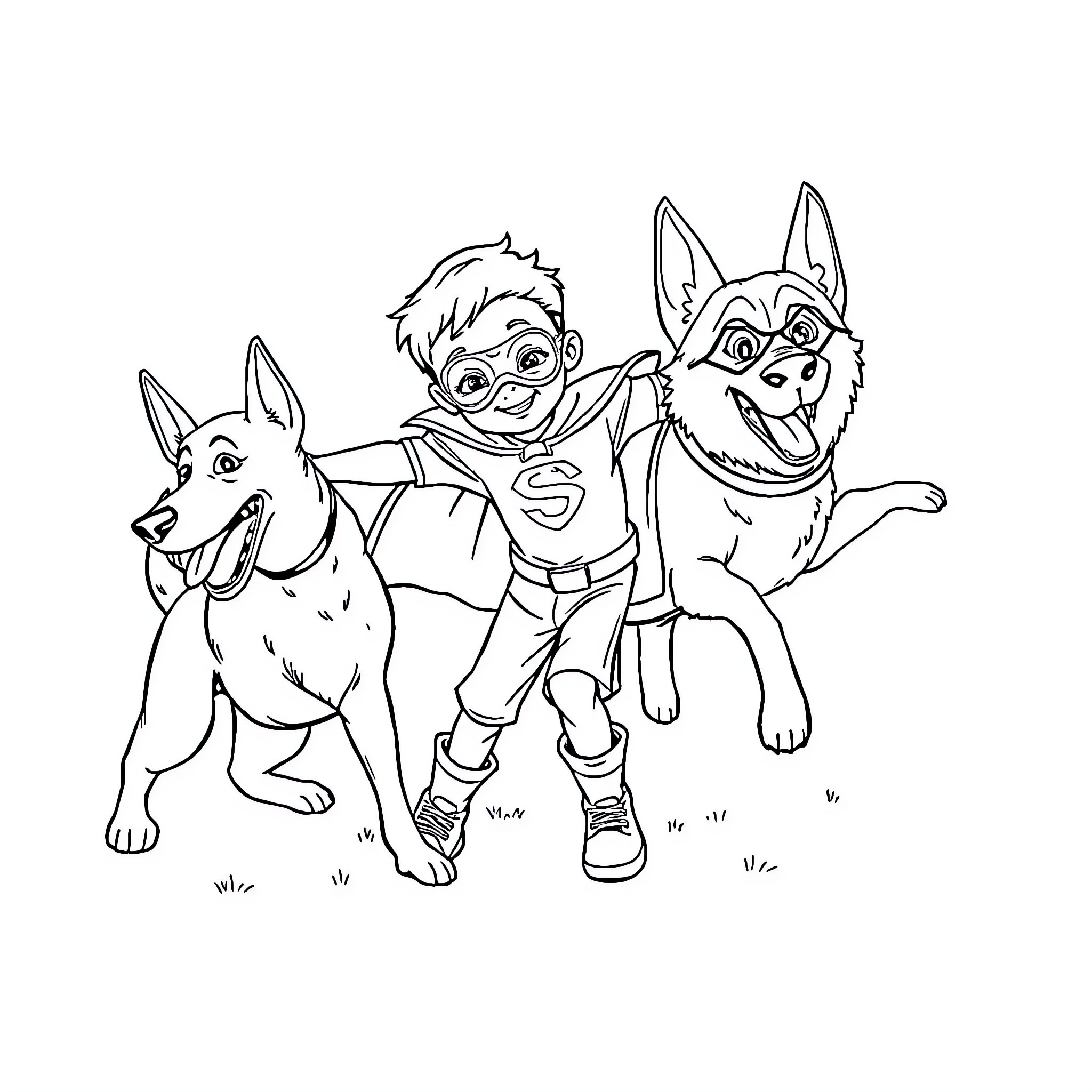 Boy playing happily with his loyal canine companions Coloring Page (free black-and-white line drawing printable PDF for all, from beginners to advanced learners, including children, teens, adults, and seniors)