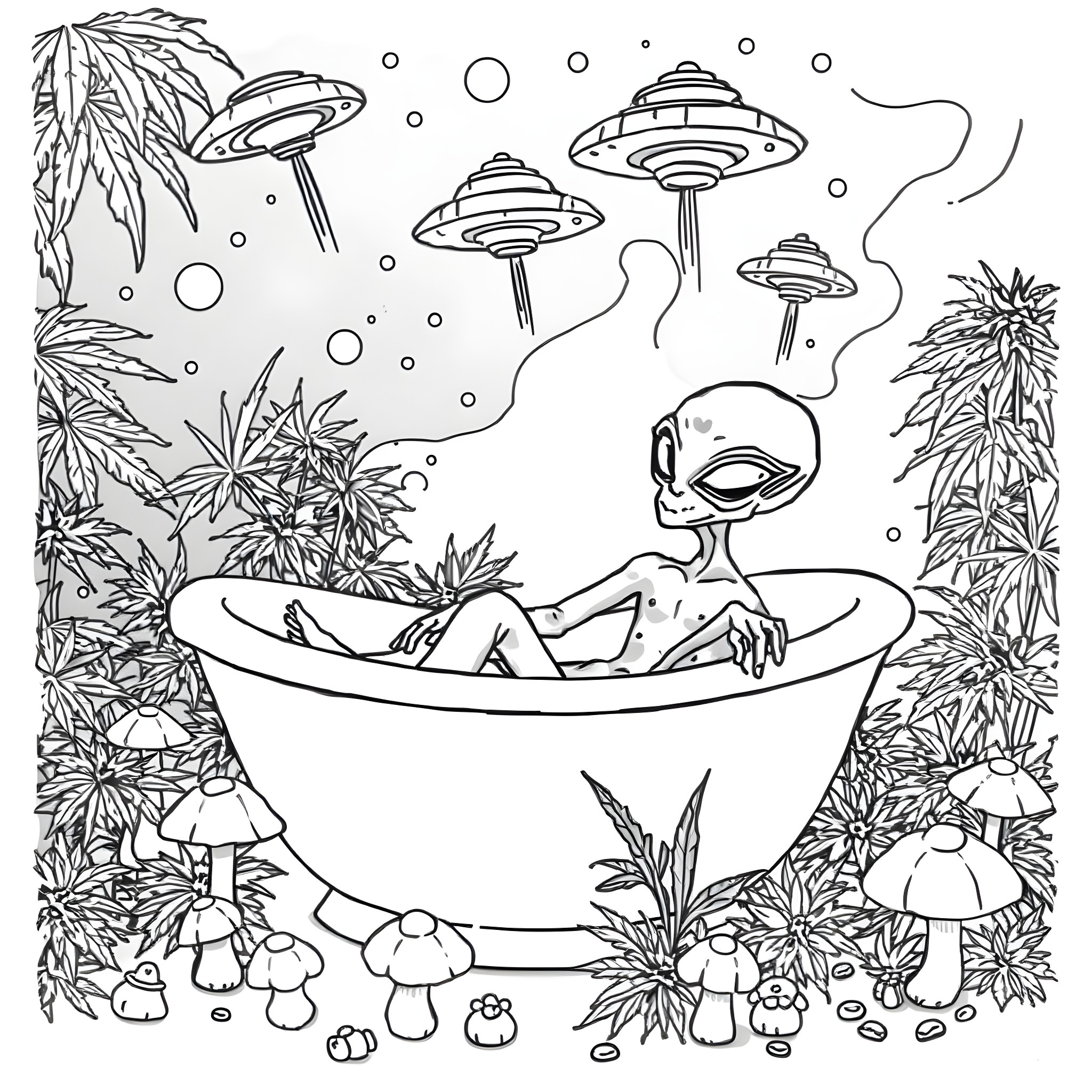 Alien relaxing in surreal mushroom forest Coloring Page (free black-and-white line drawing printable PDF for all, from beginners to advanced learners, including children, teens, adults, and seniors)