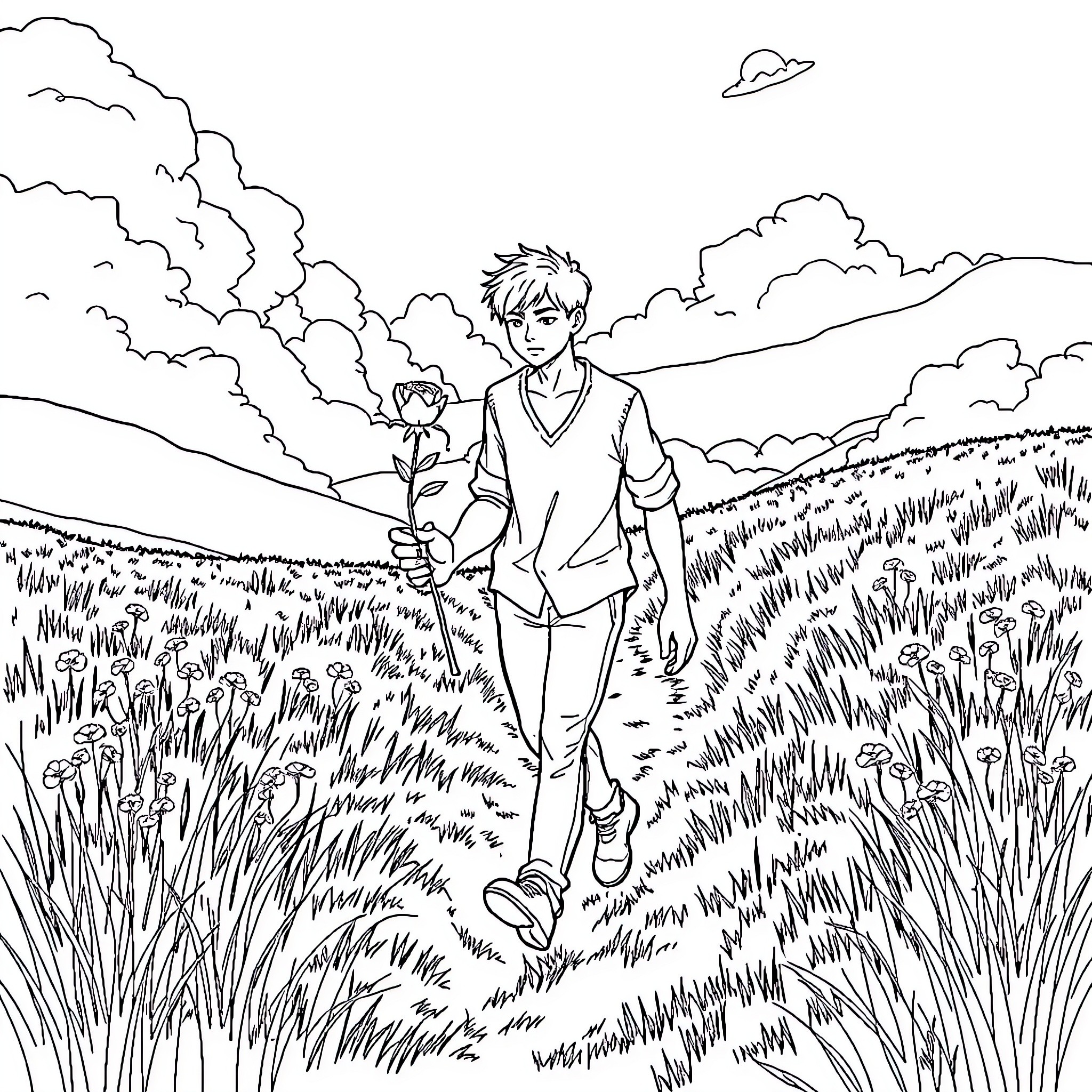 Zade's Peaceful Stroll through the Meadow Coloring Page (free black-and-white line drawing printable PDF for all, from beginners to advanced learners, including children, teens, adults, and seniors)