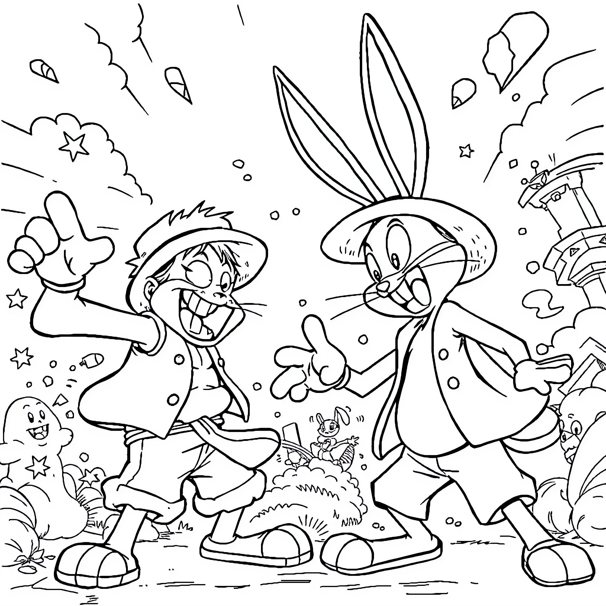 Luffy's Mischievous Adventure with Bugs Bunny Coloring Page (free black-and-white line drawing printable PDF for all, from beginners to advanced learners, including children, teens, adults, and seniors)