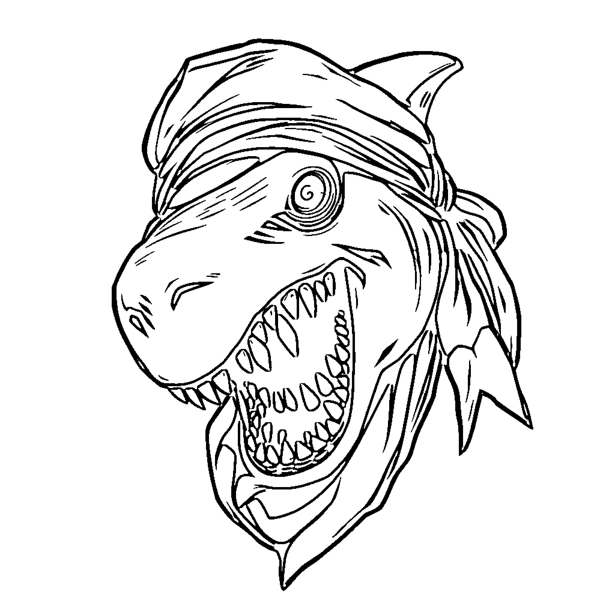 Shark wearing pirate bandana with fierce expression Coloring Page (free black-and-white line drawing printable PDF for all, from beginners to advanced learners, including children, teens, adults, and seniors)