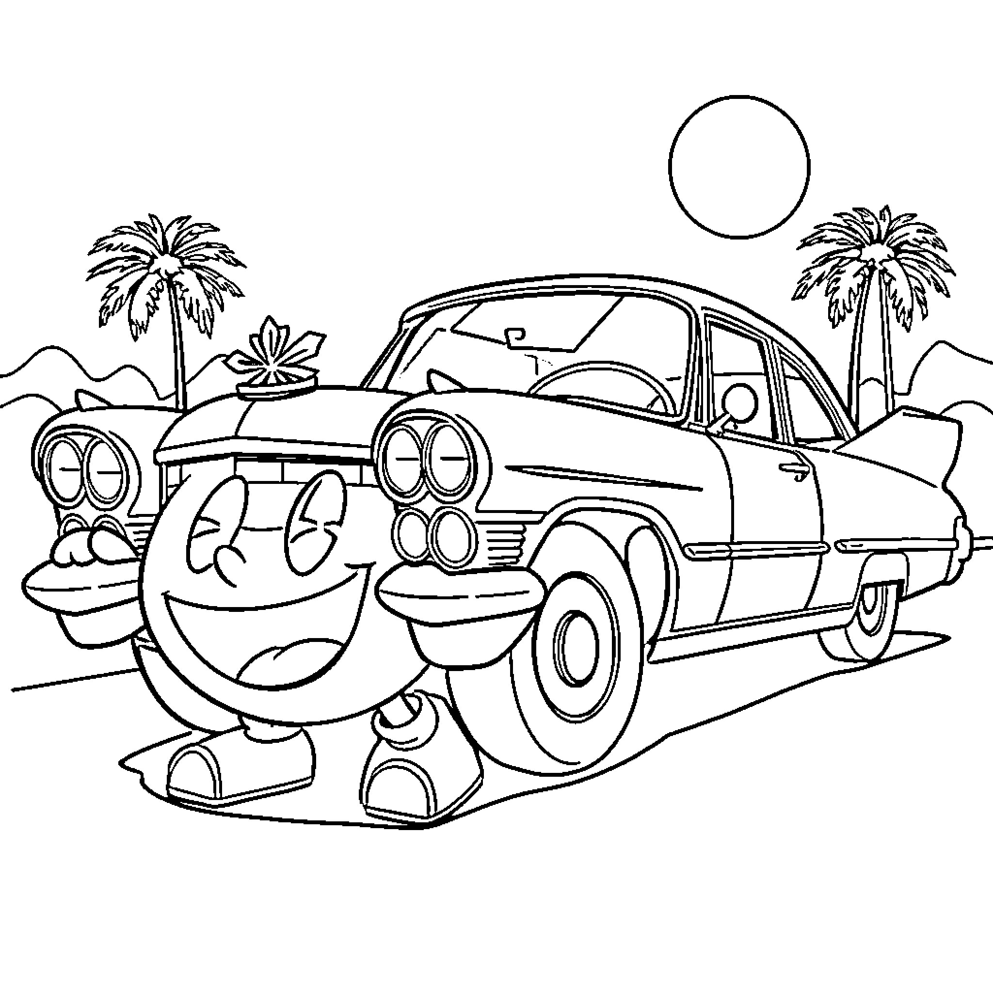 Pac-Man driving retro car on tropical scene Coloring Page (free black-and-white line drawing printable PDF for all, from beginners to advanced learners, including children, teens, adults, and seniors)