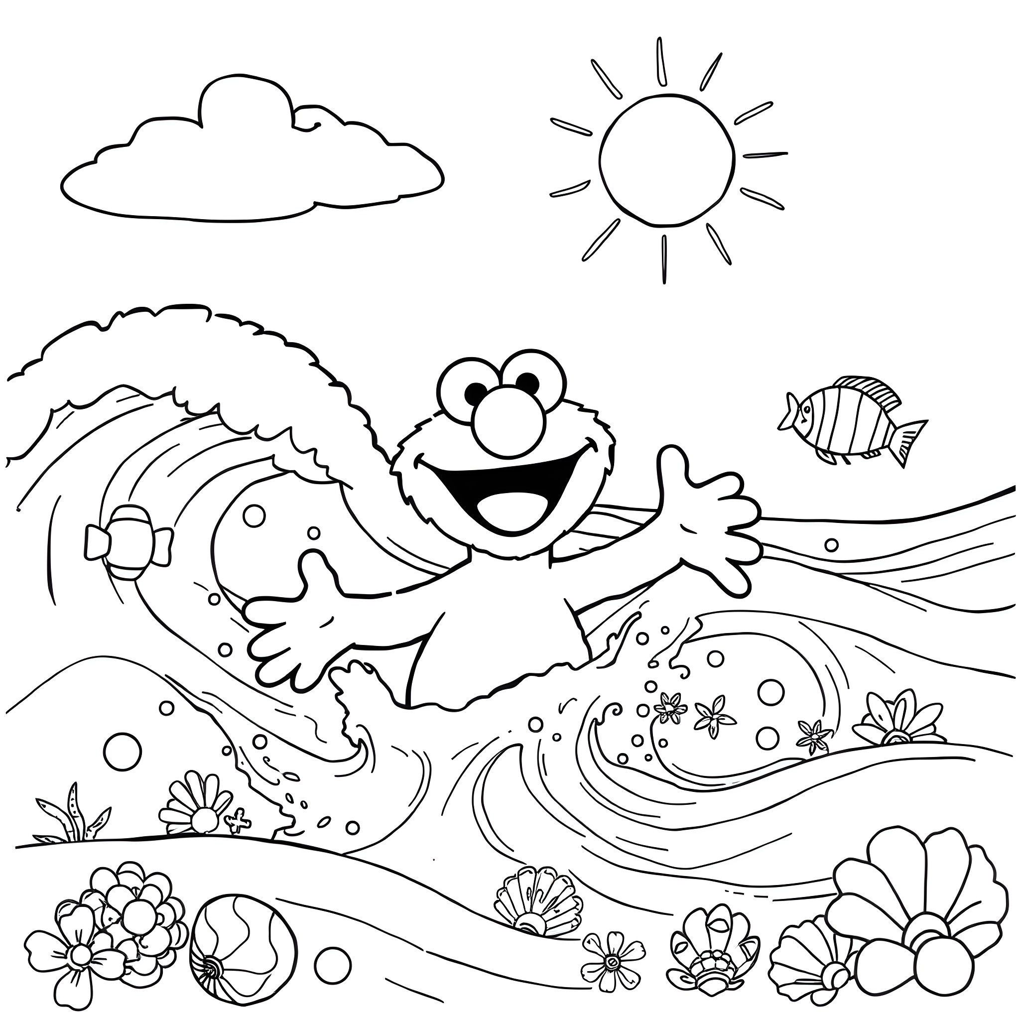 Elmo's Underwater Adventure Coloring Page (free black-and-white line drawing printable PDF for all, from beginners to advanced learners, including children, teens, adults, and seniors)