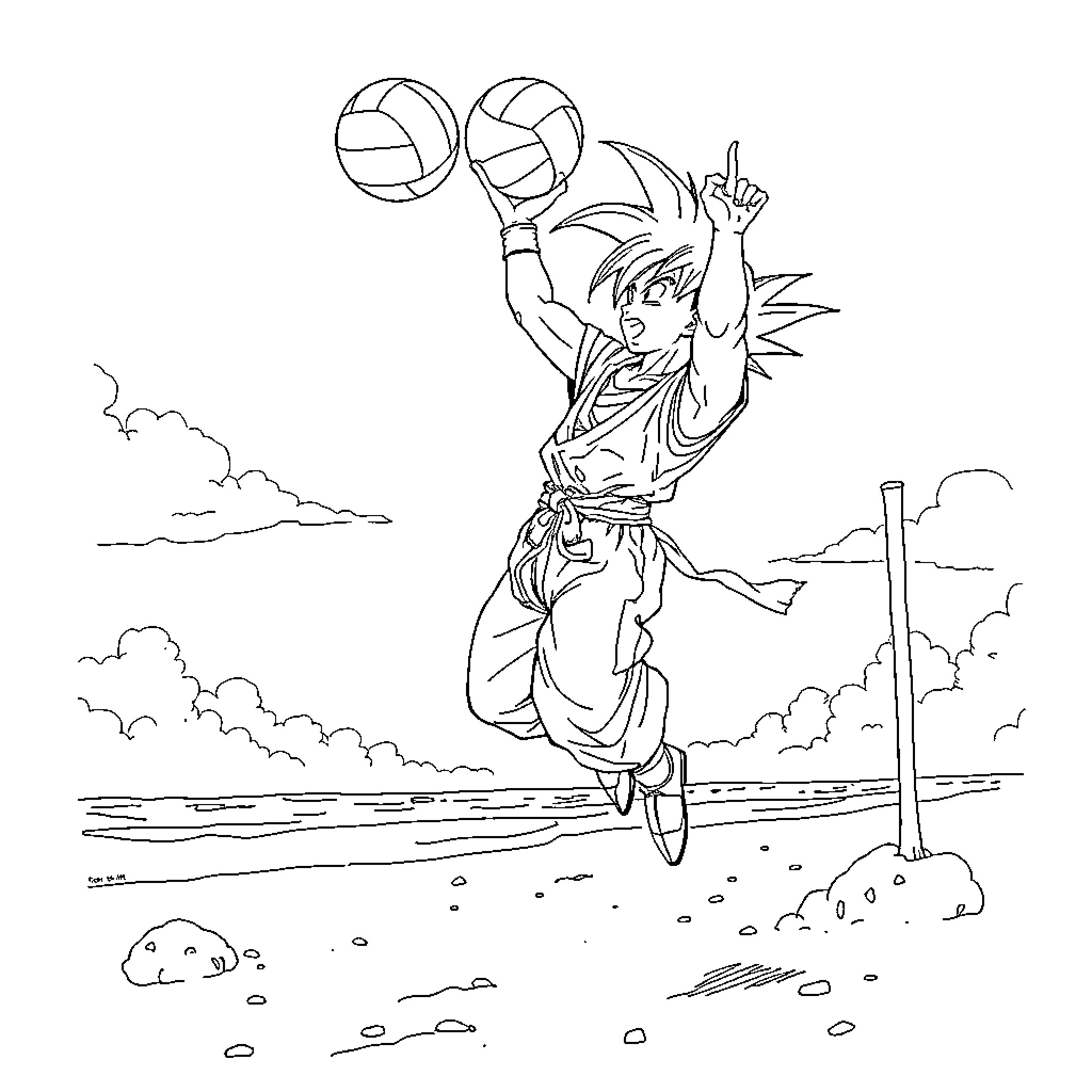 Son Goku performing powerful volleyball spike Coloring Page (free black-and-white line drawing printable PDF for all, from beginners to advanced learners, including children, teens, adults, and seniors)