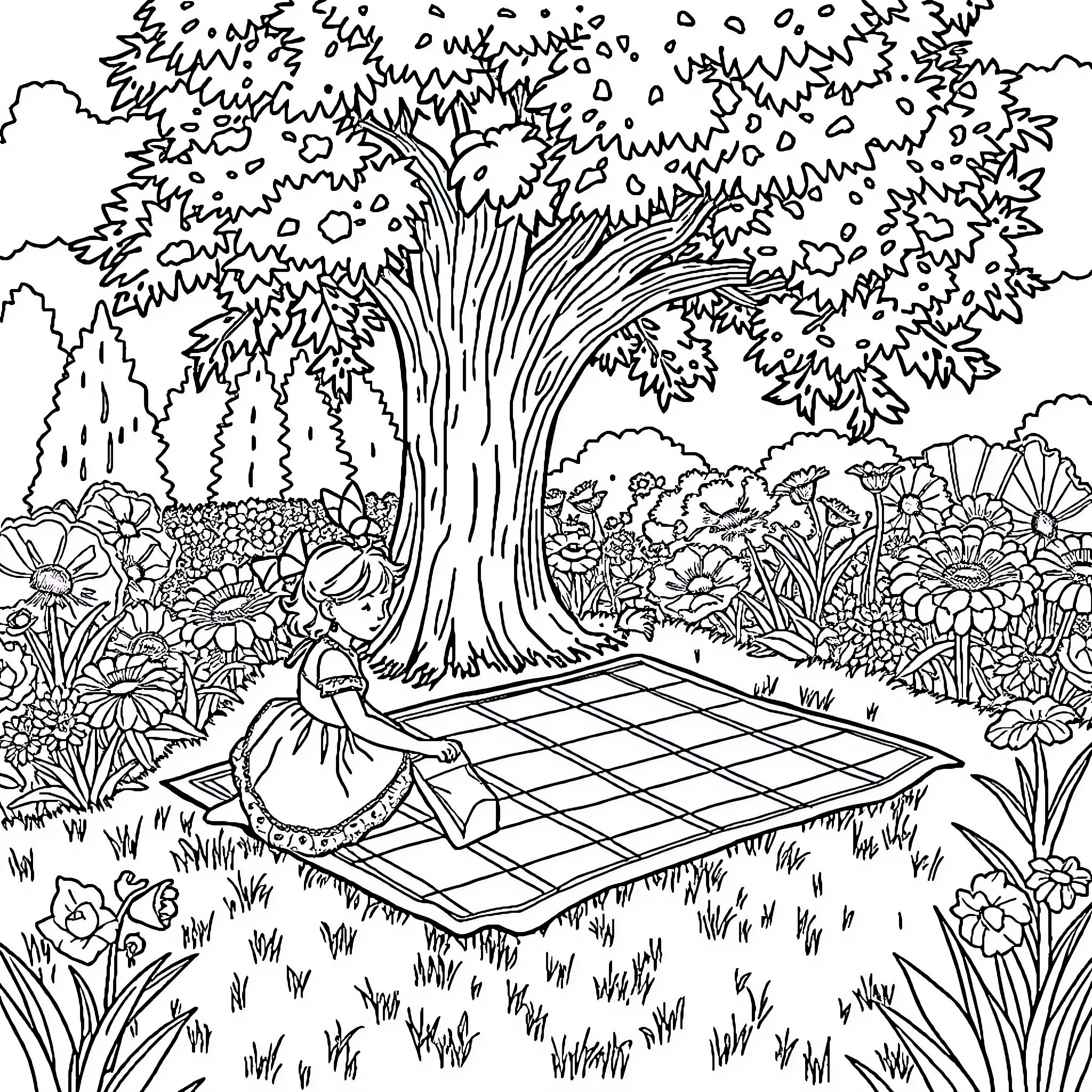 Bri's Picnic in the Enchanted Garden Coloring Page (free black-and-white line drawing printable PDF for all, from beginners to advanced learners, including children, teens, adults, and seniors)