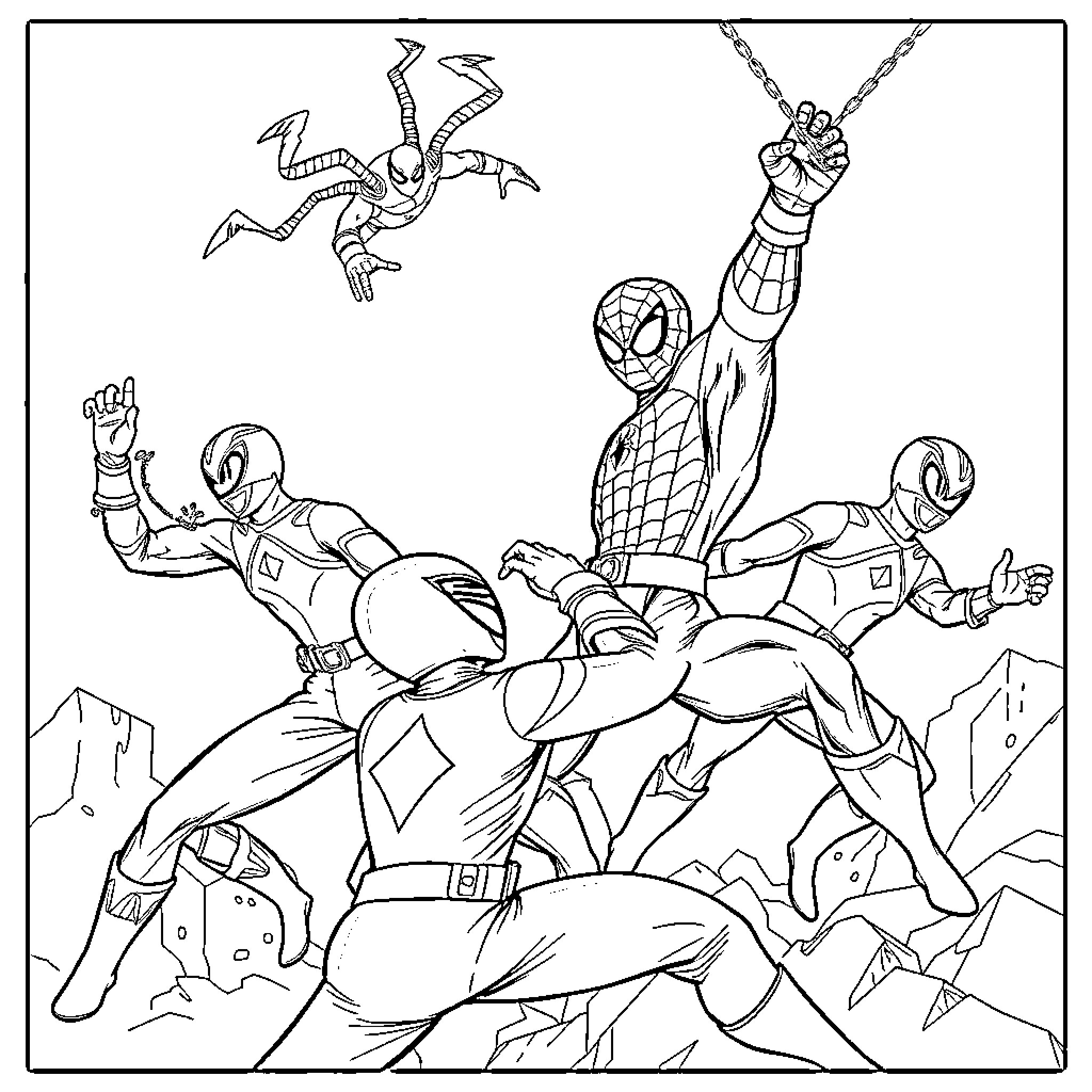 Power Rangers in Epic Battle Heroics Coloring Page (free black-and-white line drawing printable PDF for all, from beginners to advanced learners, including children, teens, adults, and seniors)