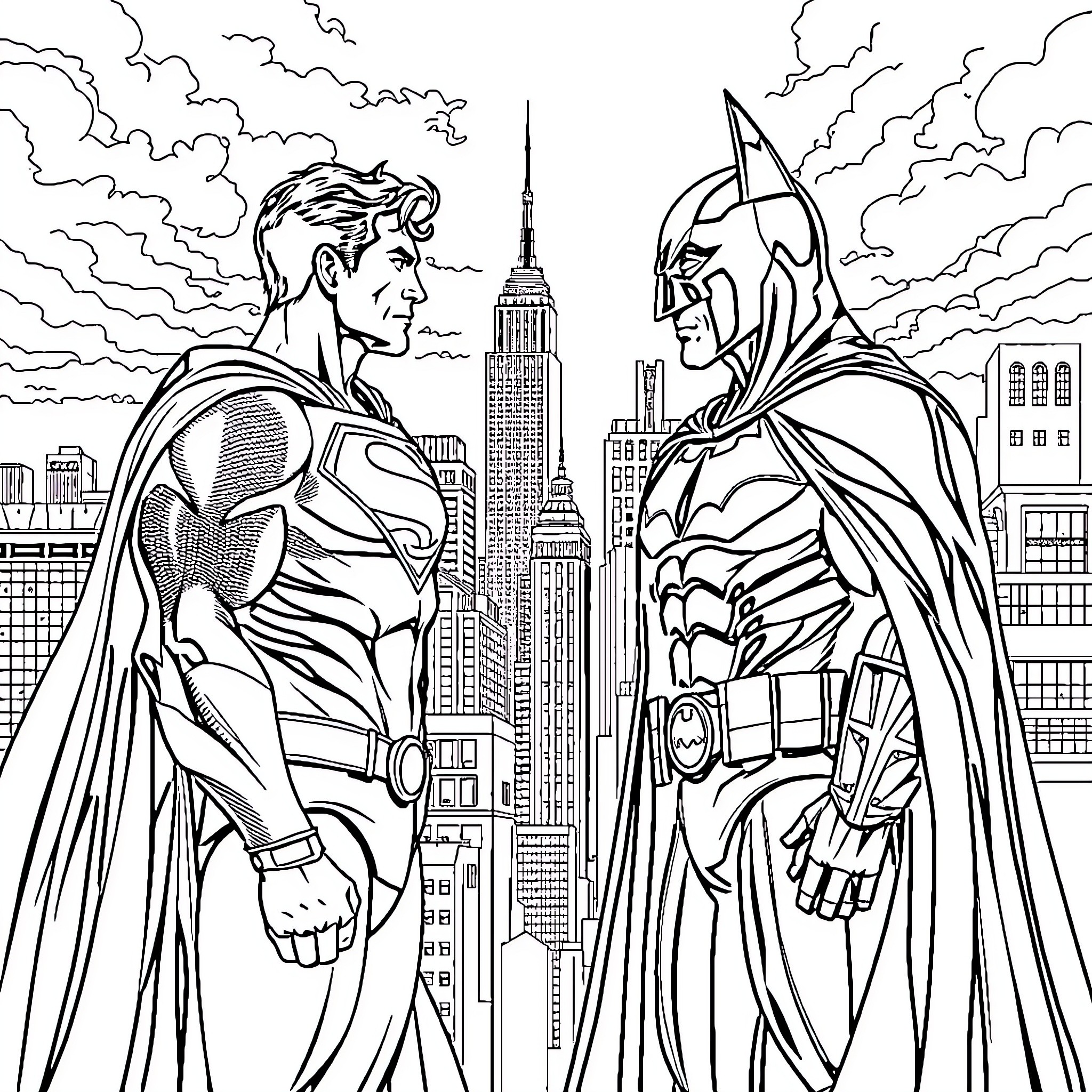 Superman and Batman Facing Off in the City Coloring Page (free black-and-white line drawing printable PDF for all, from beginners to advanced learners, including children, teens, adults, and seniors)