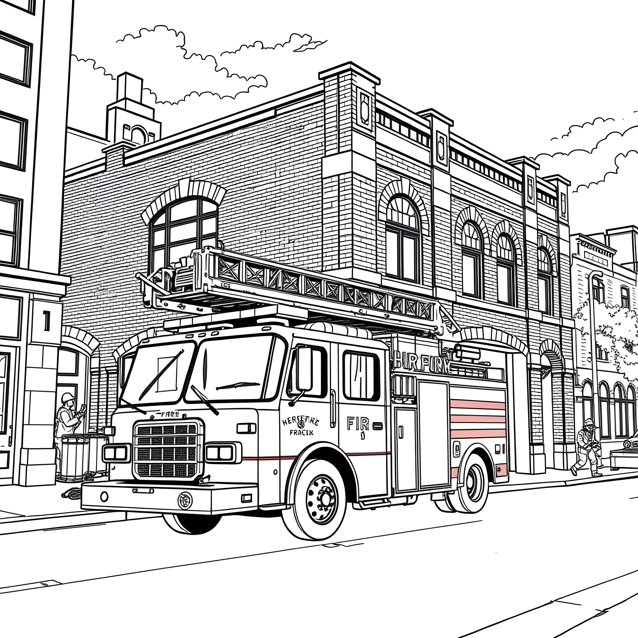 Fire Truck responding to an emergency call in the city Coloring Page (free black-and-white line drawing printable PDF for all, from beginners to advanced learners, including children, teens, adults, and seniors)